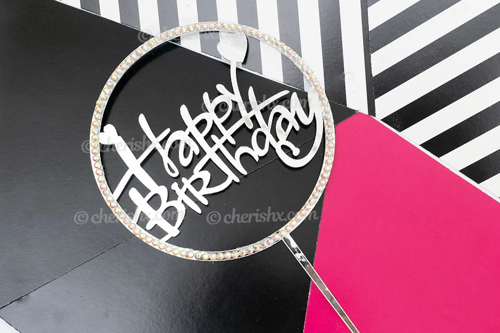 Happy Birthday Silver Round Cursive Cake Toppers