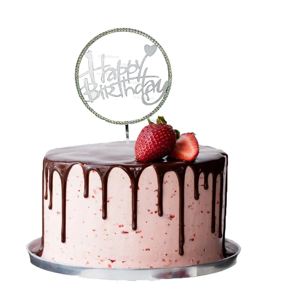Happy Birthday Silver Round Cursive Cake Toppers