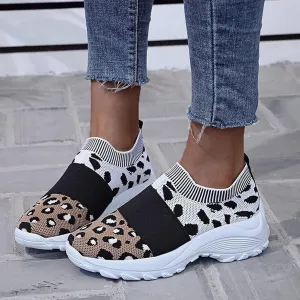 Hbeylia Womens Running Shoes Colorblock Leopard Print Platform Lightweight Knitted Mesh Air Cushion Tennis Shoes Non Slip Gym Workout Breathable Walking Sneakers for Skateboard Skiing Work Nurse