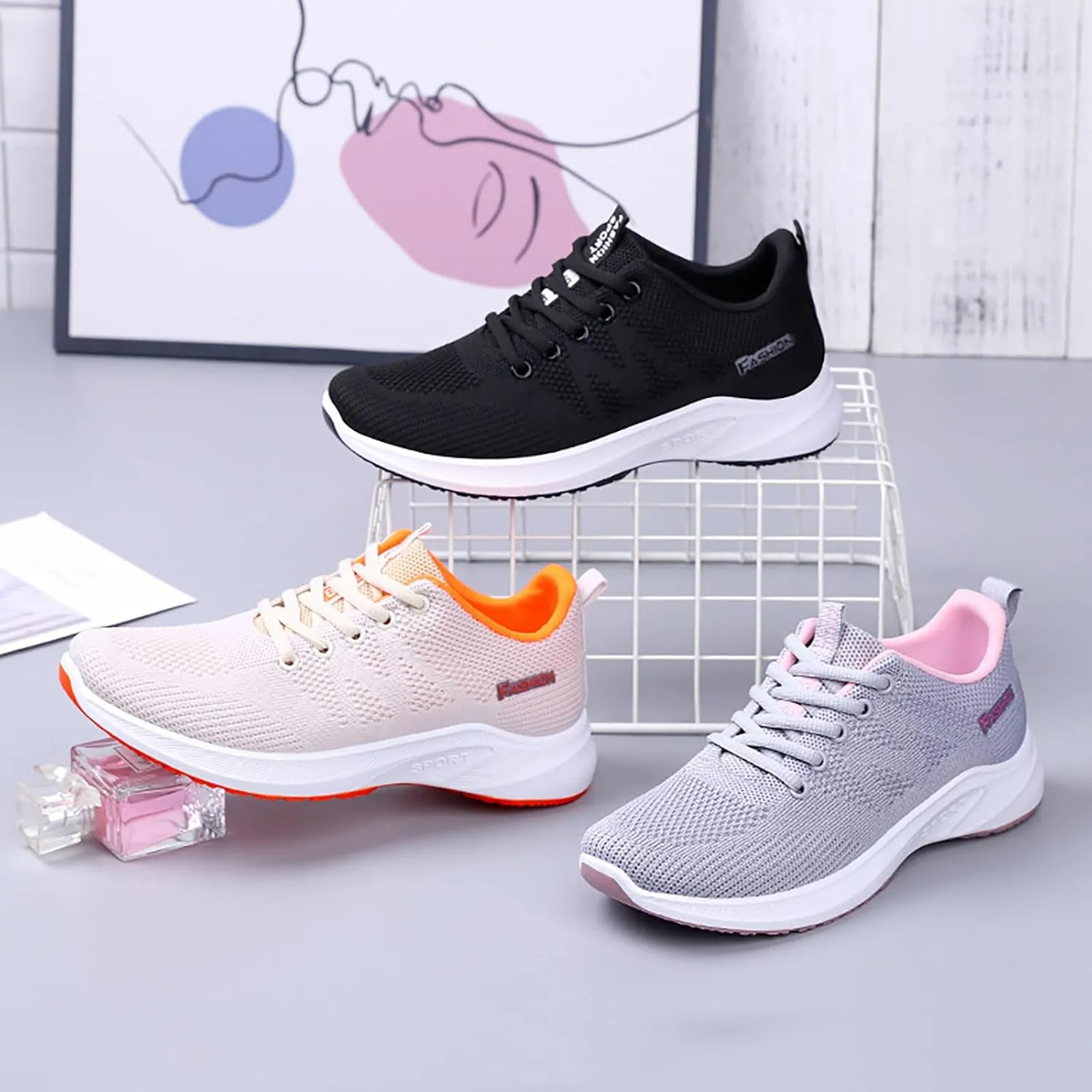 Hbeylia Womens Slip On Running Shoes Comfortable Tennis Workout Sneakers Non Slip Walking Shoes Lightweight Gym Workout Shoes Breathable Fashion Lace Up Sneakers