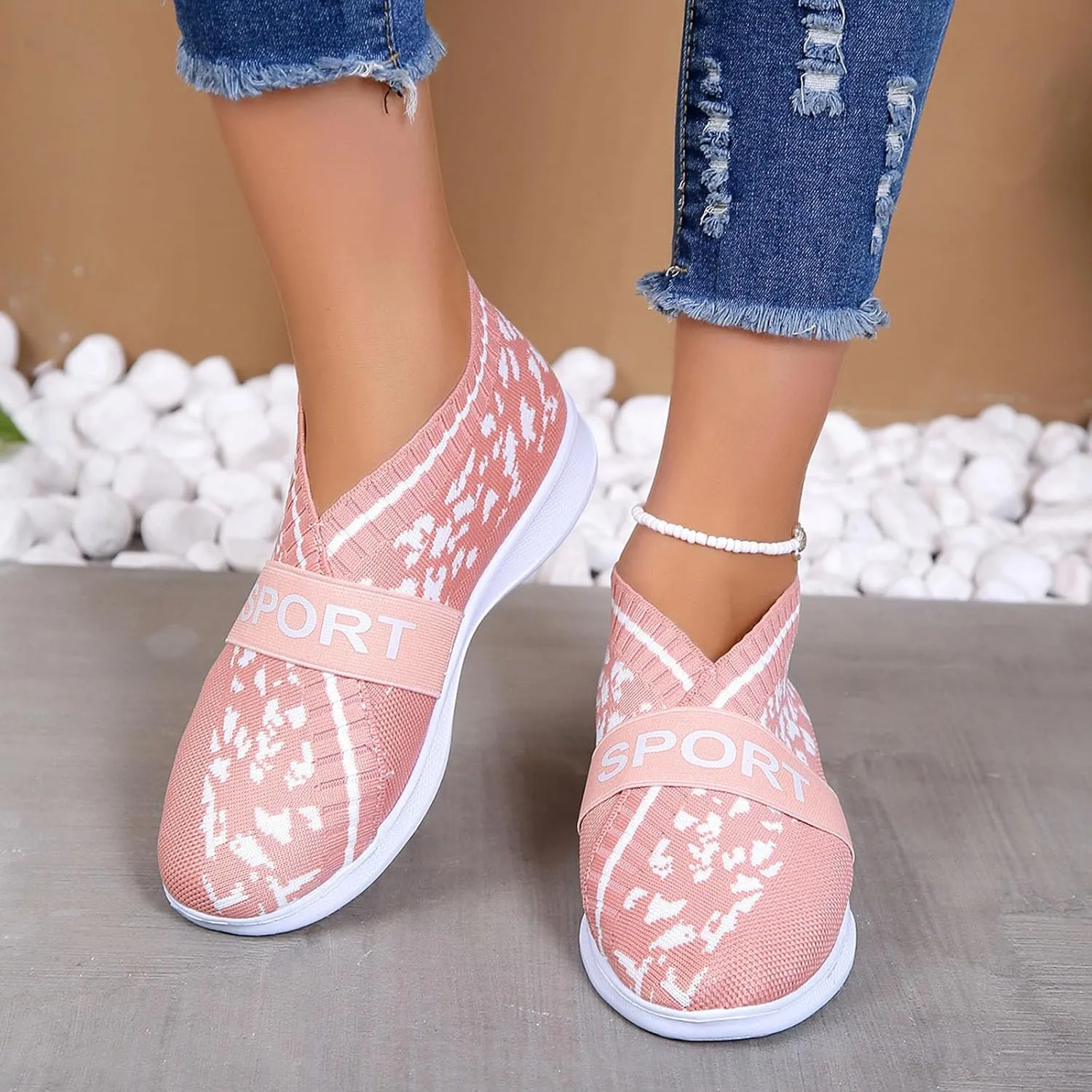 Hbeylia Women's Walking Shoes Fashion Slip On Sock Sneakers Lightweight Breathable Flying Woven Mesh Upper Running Shoes Workout Footwear Non-Slip Play Sneakers for Ladies