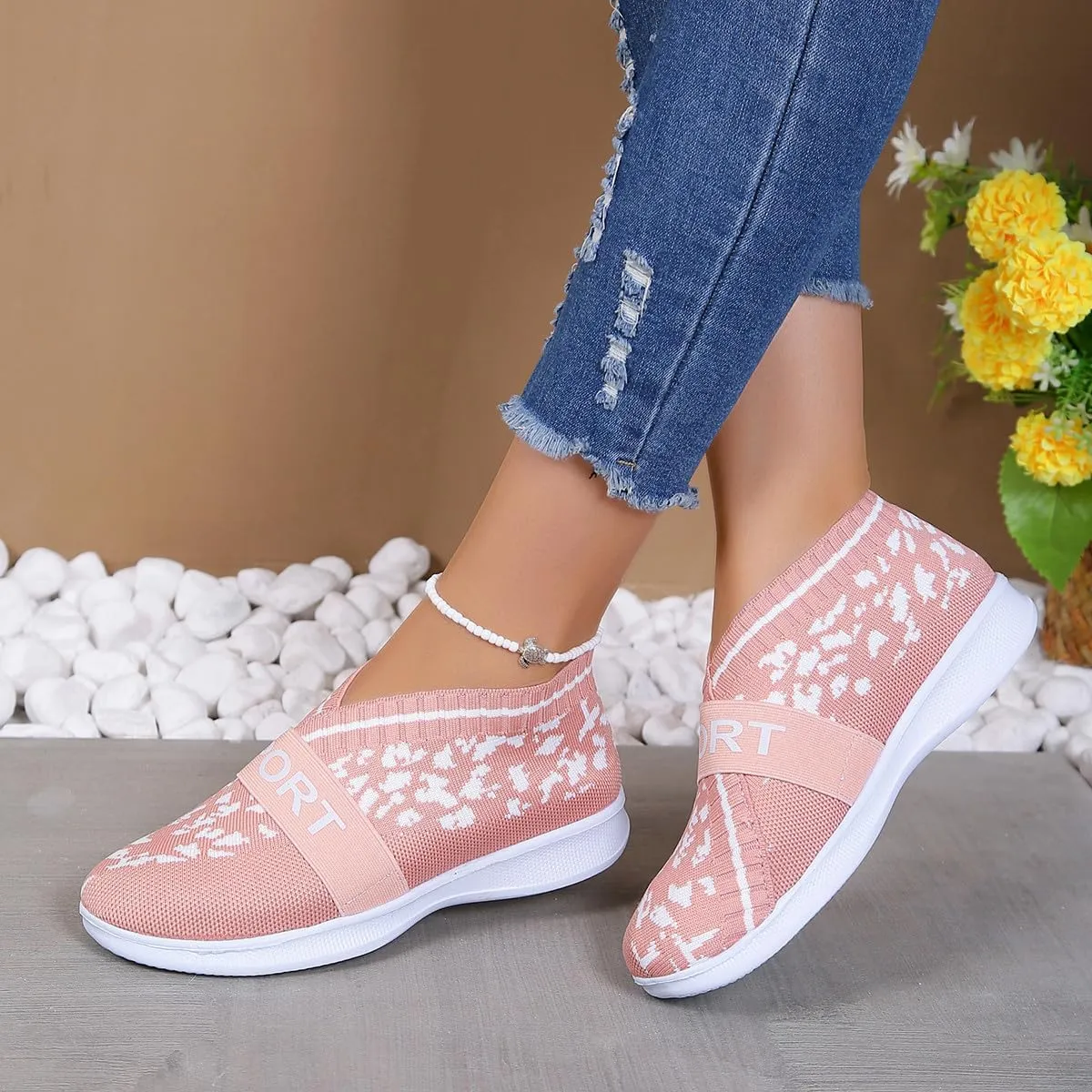 Hbeylia Women's Walking Shoes Fashion Slip On Sock Sneakers Lightweight Breathable Flying Woven Mesh Upper Running Shoes Workout Footwear Non-Slip Play Sneakers for Ladies