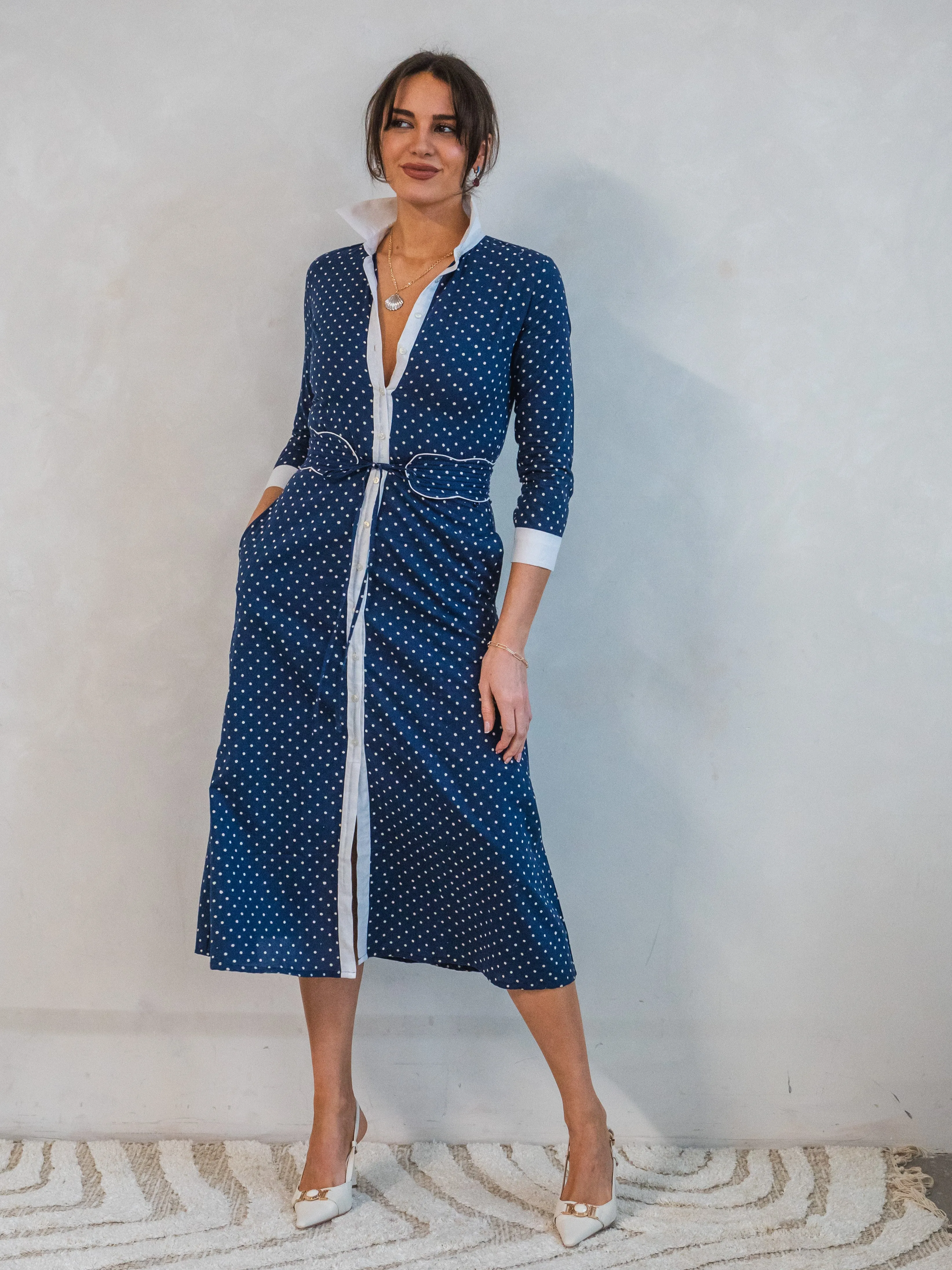 'JOY' DRESS IN NAVY DOTTY