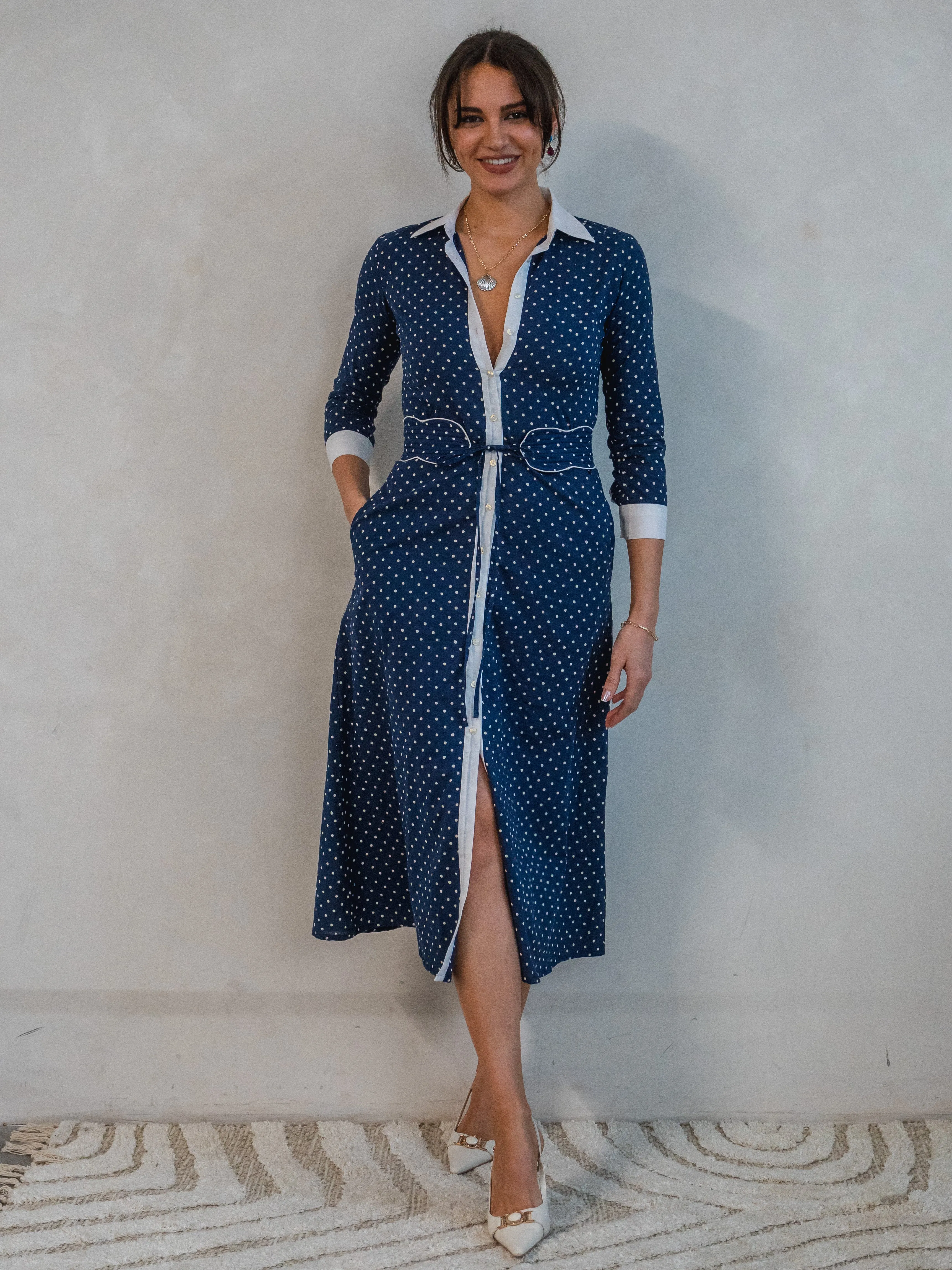 'JOY' DRESS IN NAVY DOTTY