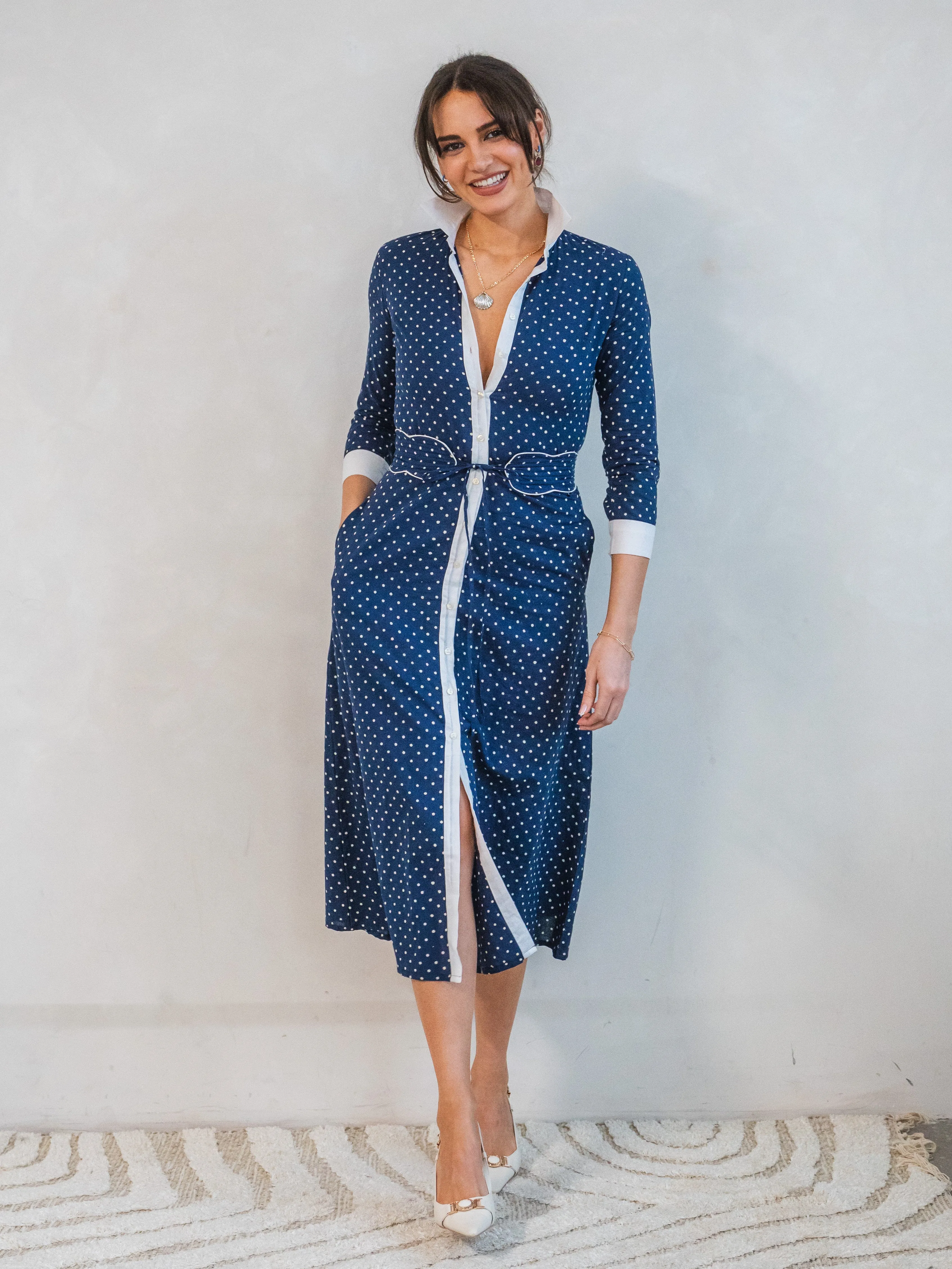 'JOY' DRESS IN NAVY DOTTY