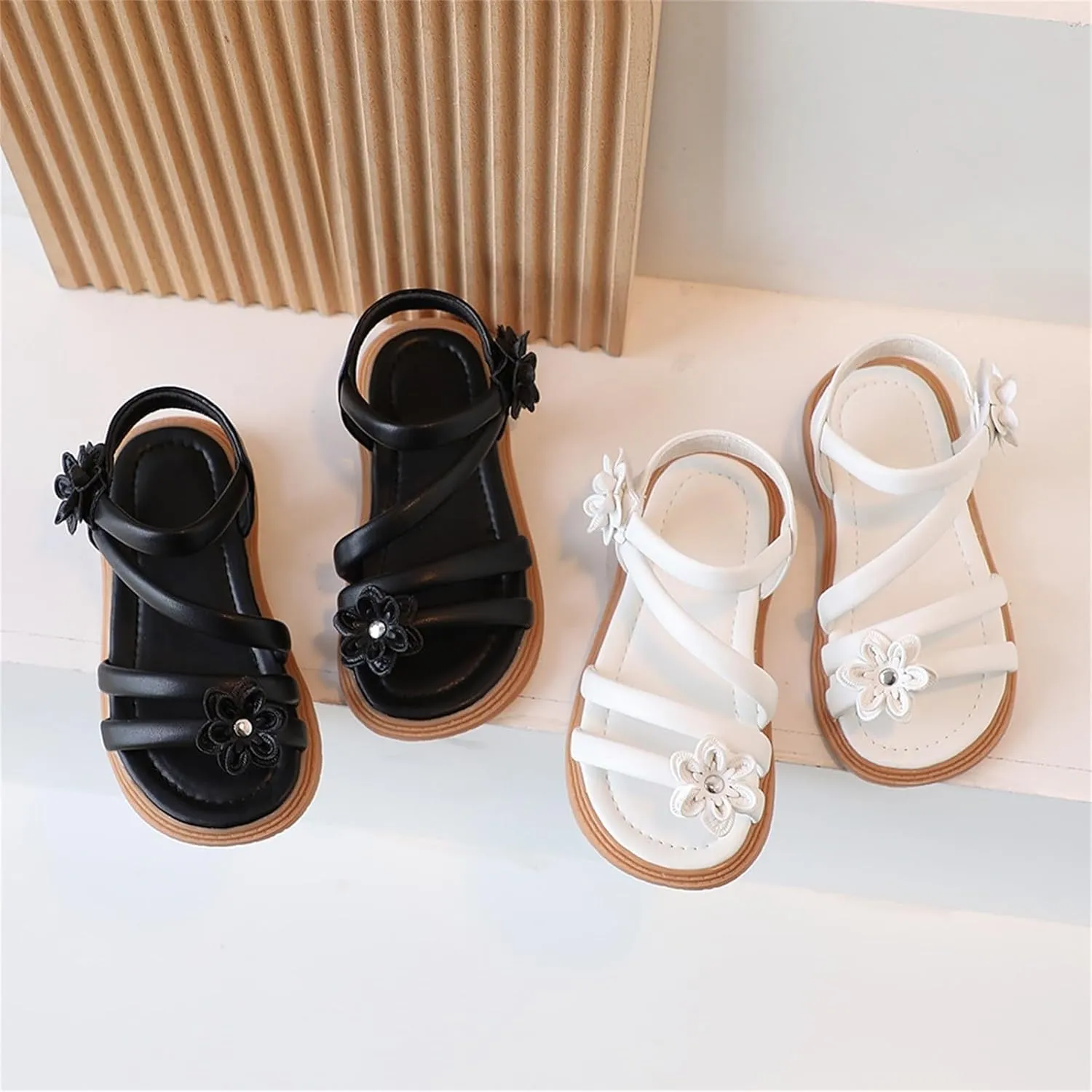 Kids Girls Sandals Casual Open Toe Flower Design Light Weight Adjustable Straps Summer Little Shoes For Girls Size 3