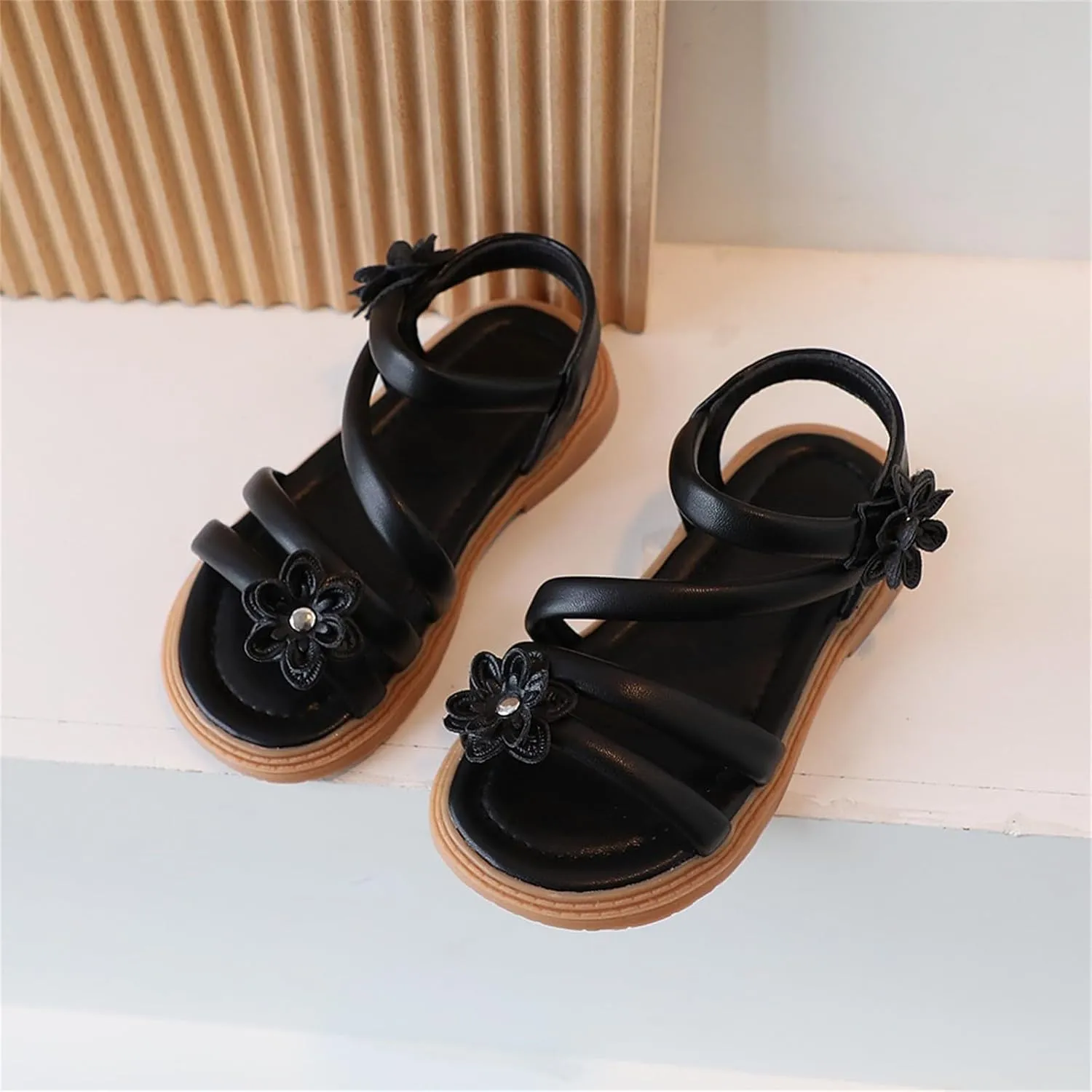 Kids Girls Sandals Casual Open Toe Flower Design Light Weight Adjustable Straps Summer Little Shoes For Girls Size 3