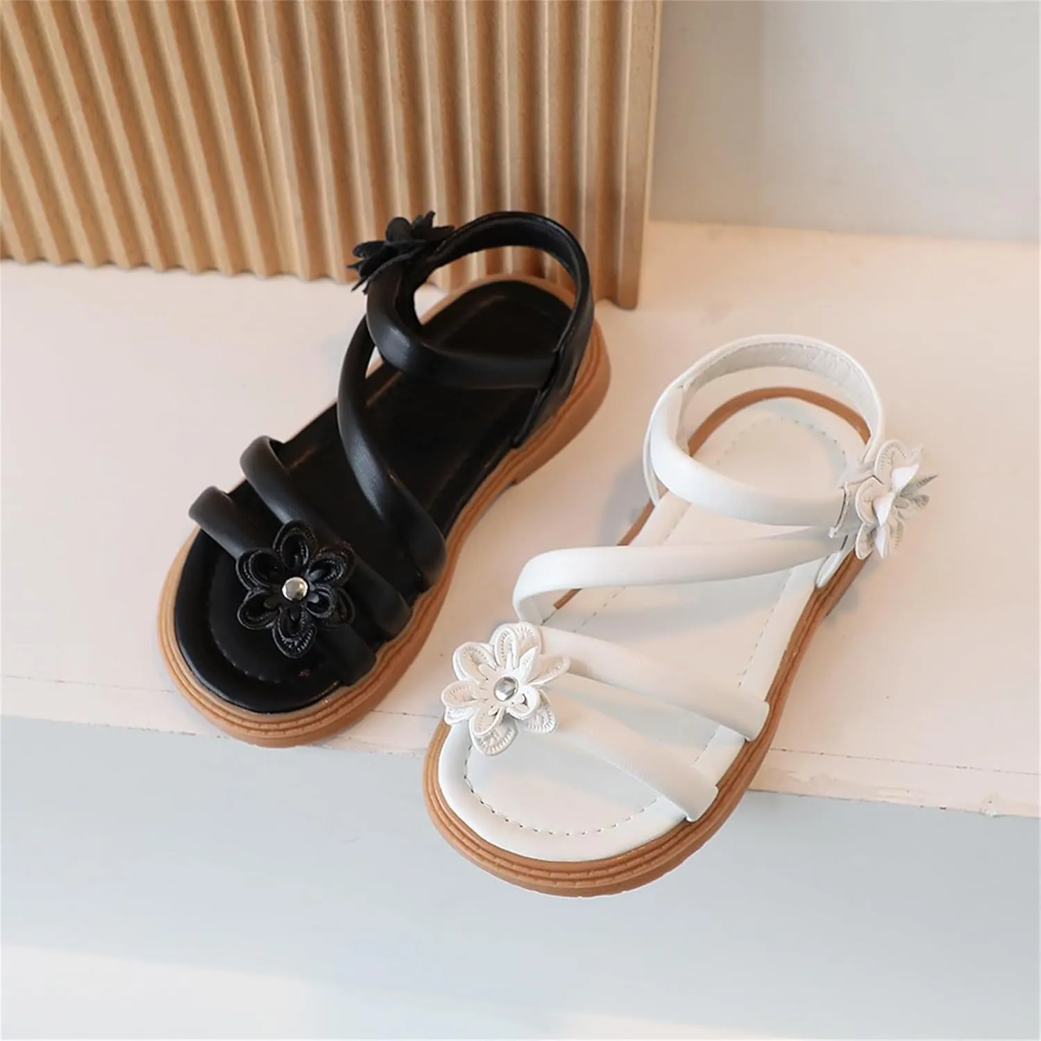Kids Girls Sandals Casual Open Toe Flower Design Light Weight Adjustable Straps Summer Little Shoes For Girls Size 3