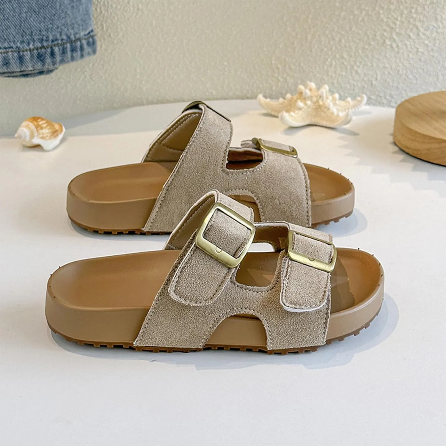 Kids Sandals Boys Girls Summer Slides Non Slip Double Buckle Slippers Casual Adjustable Straps Cork Flats for Indoor Outdoor