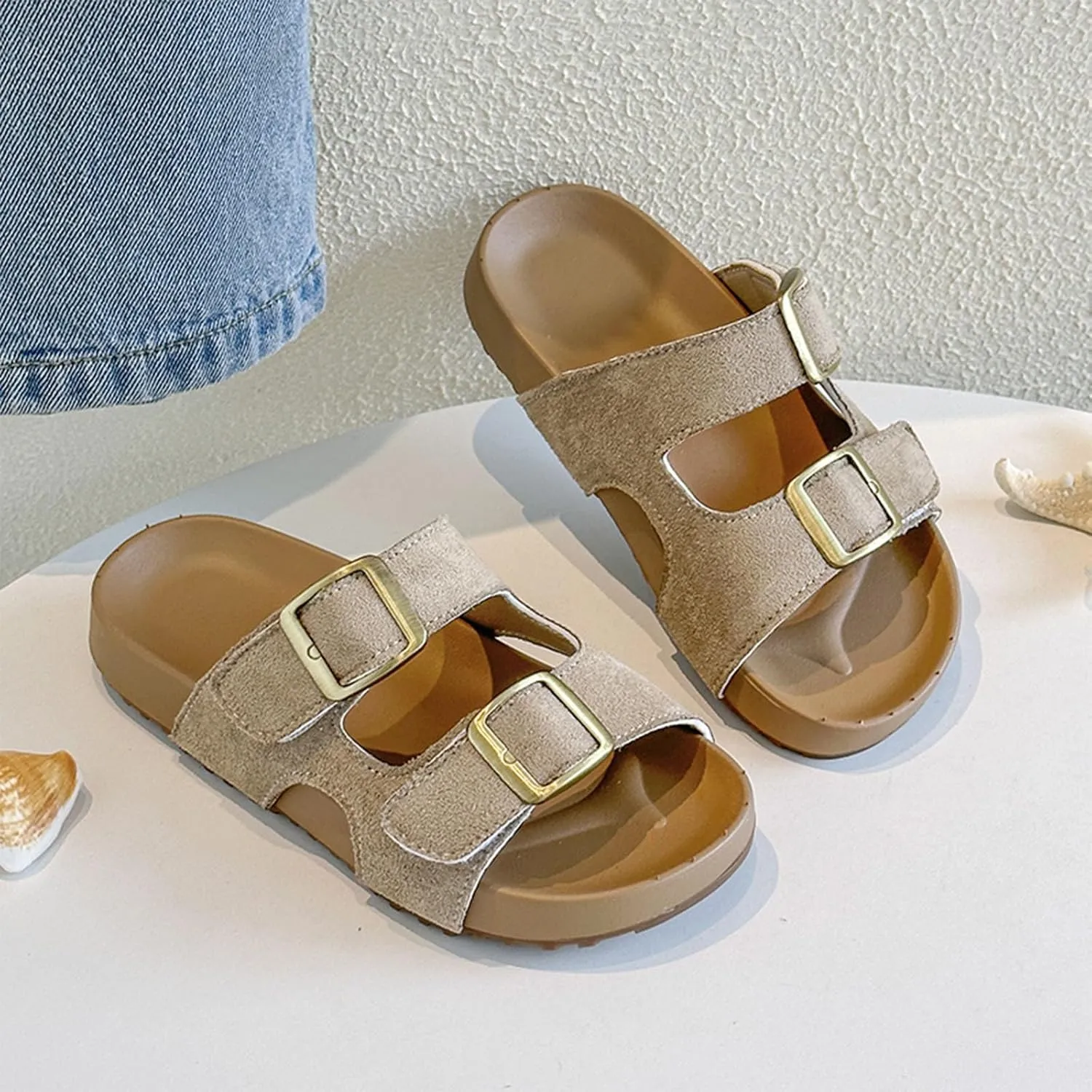Kids Sandals Boys Girls Summer Slides Non Slip Double Buckle Slippers Casual Adjustable Straps Cork Flats for Indoor Outdoor