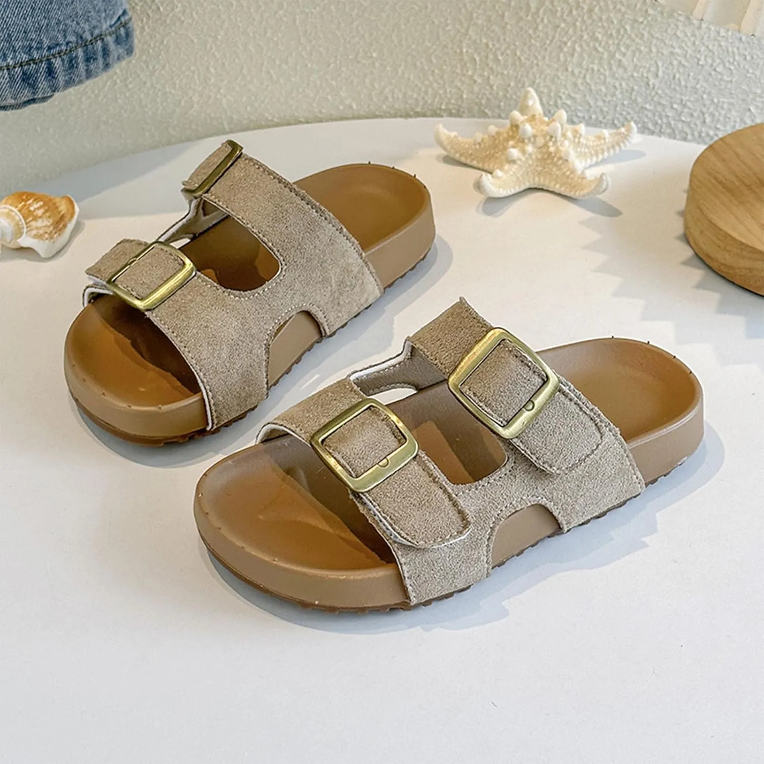 Kids Sandals Boys Girls Summer Slides Non Slip Double Buckle Slippers Casual Adjustable Straps Cork Flats for Indoor Outdoor