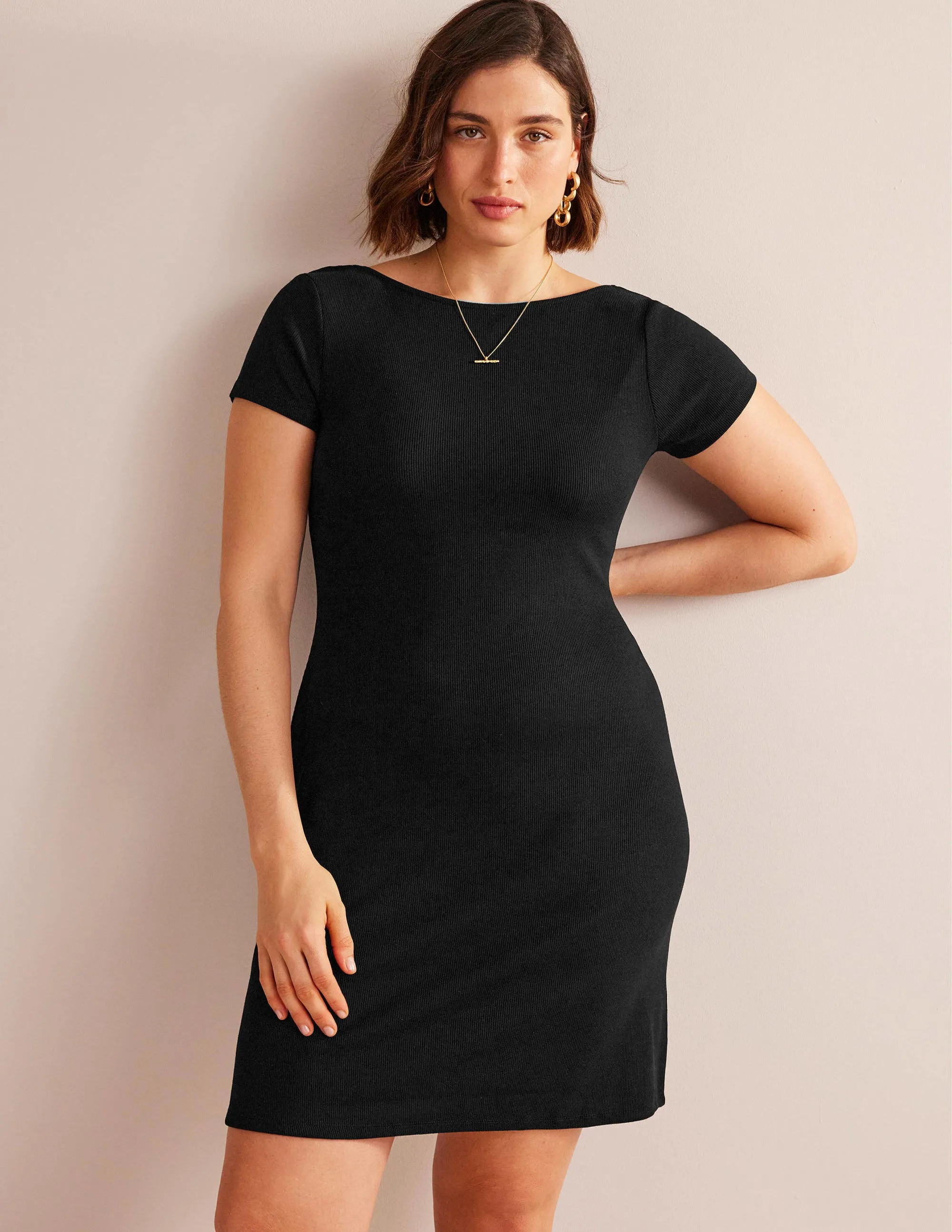 Low-Back Rib Jersey Mini Dress-Black
