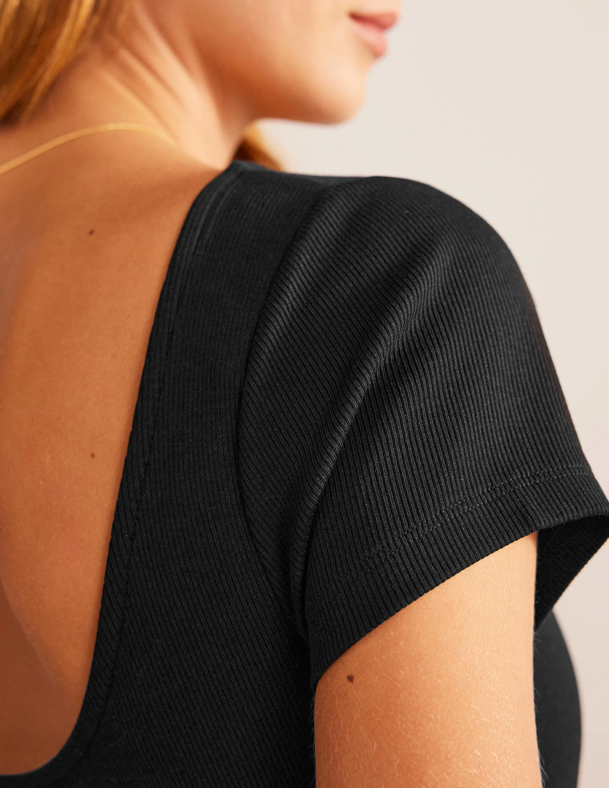Low-Back Rib Jersey Mini Dress-Black