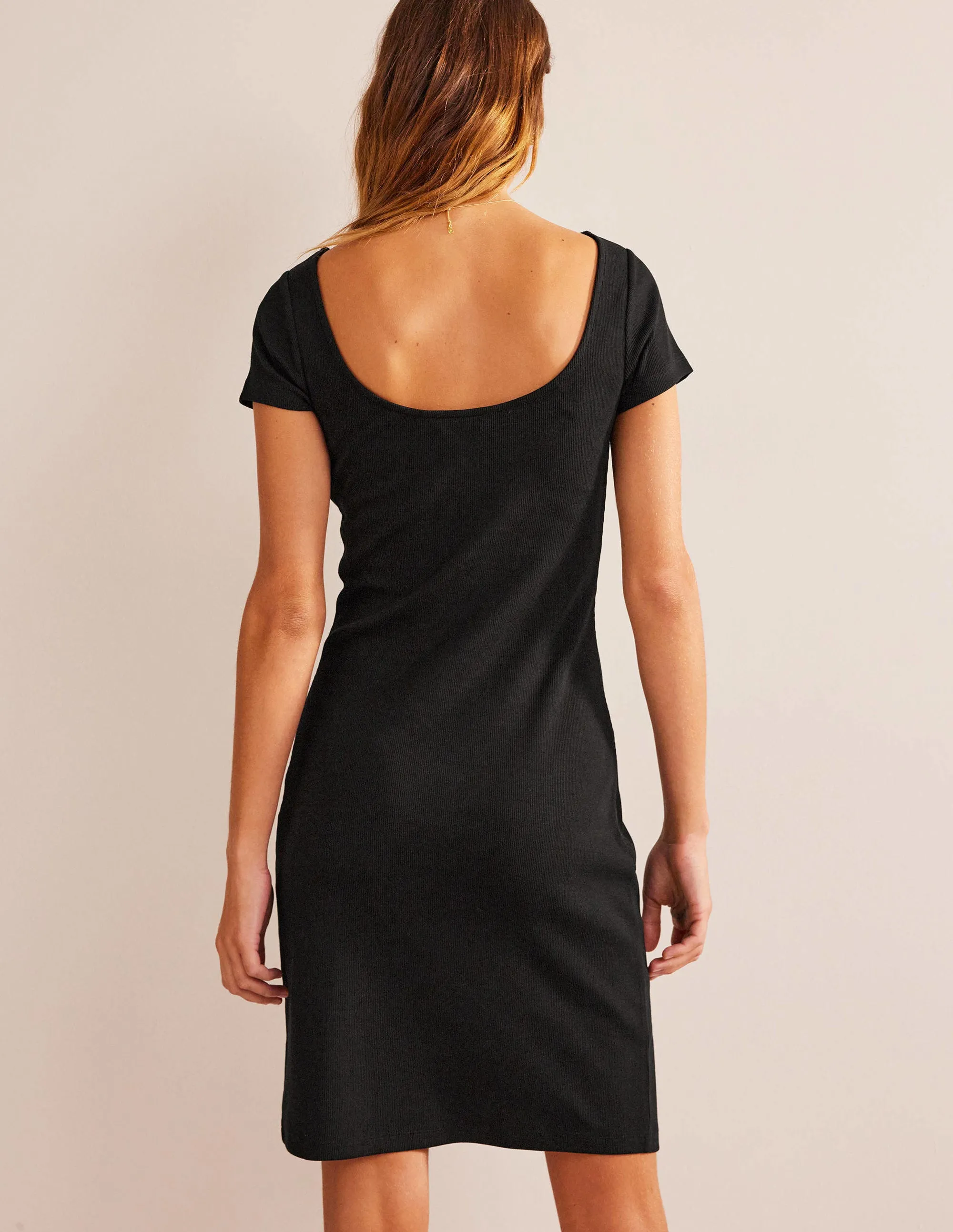 Low-Back Rib Jersey Mini Dress-Black