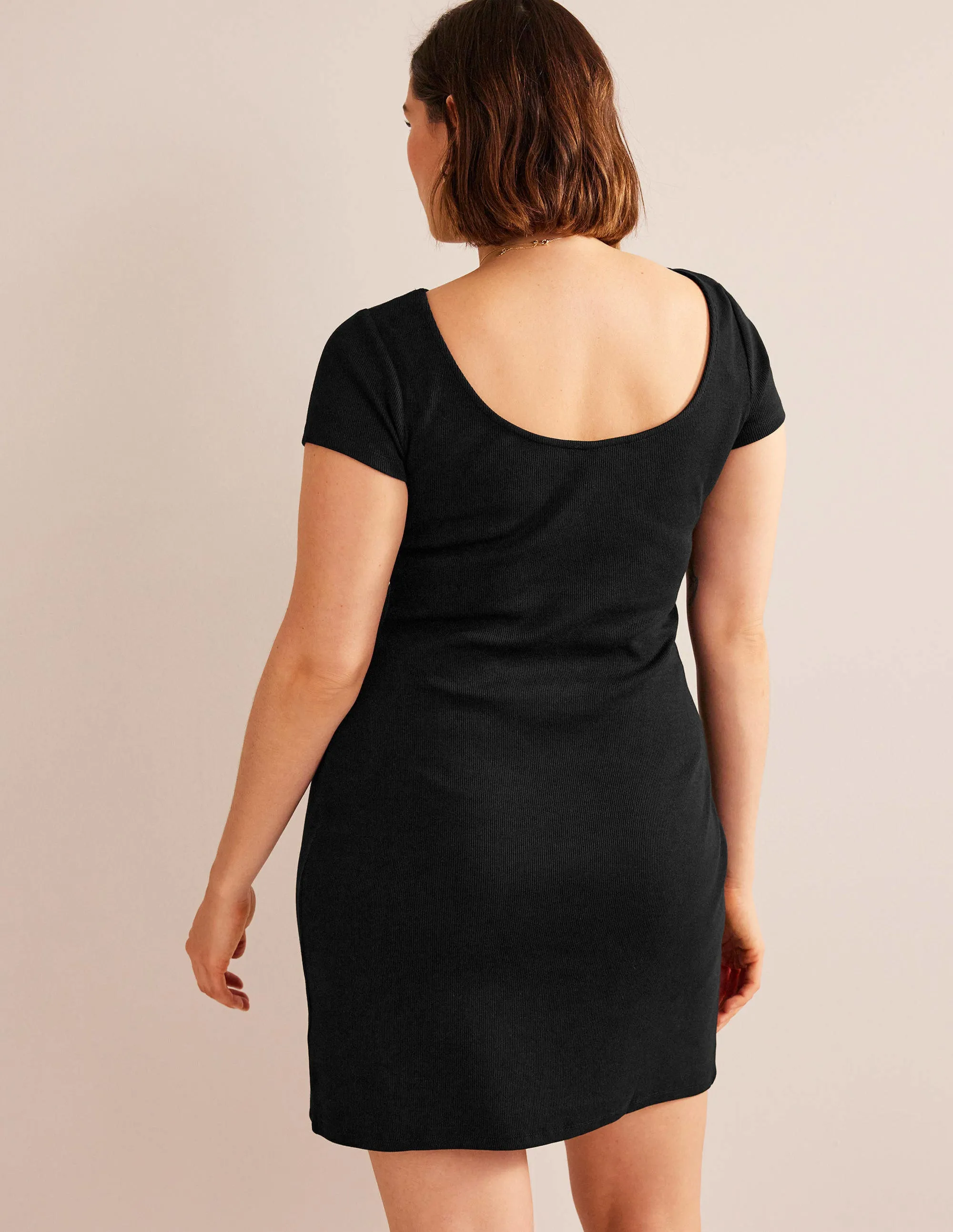 Low-Back Rib Jersey Mini Dress-Black