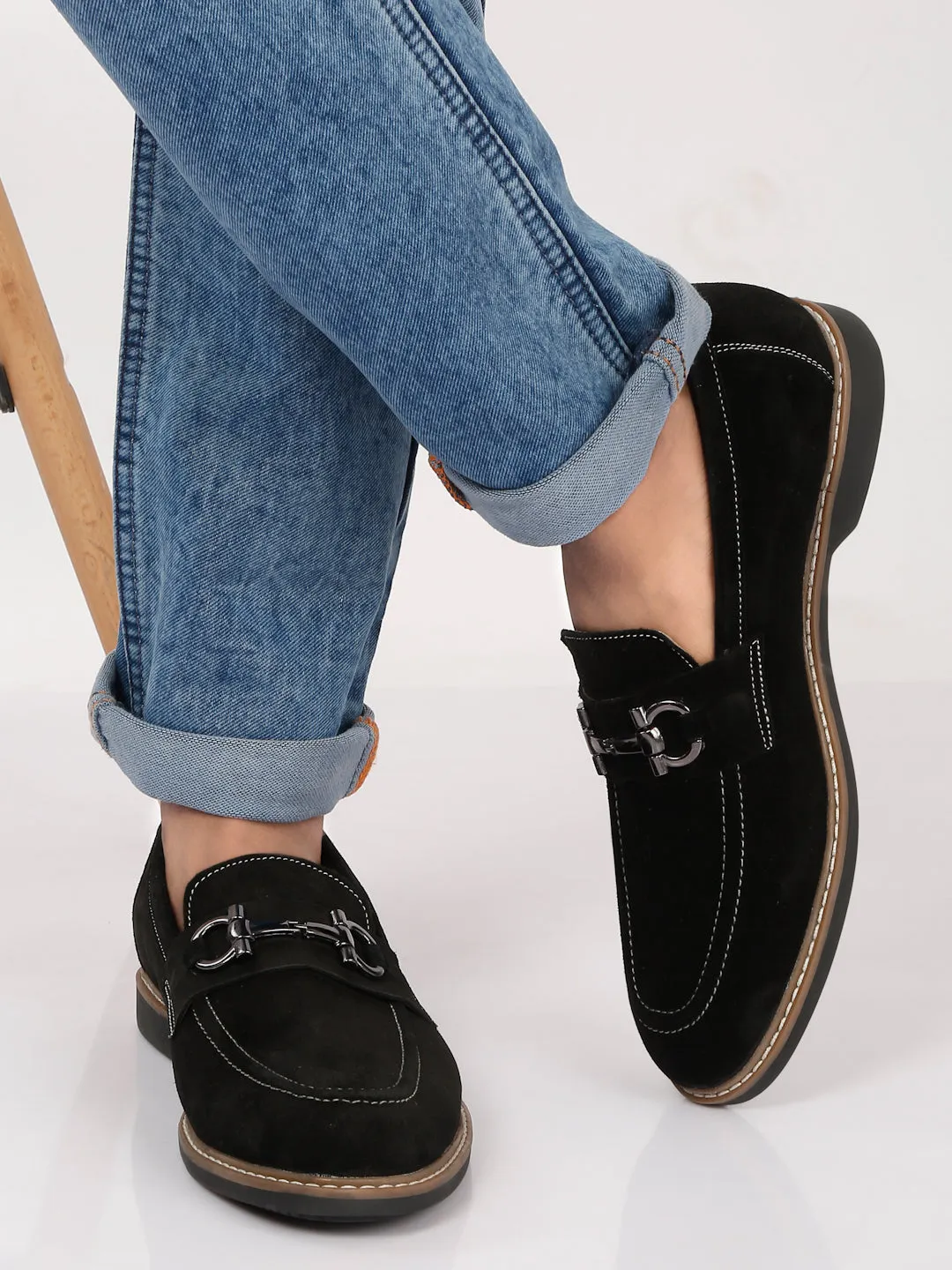 Men's BLACK Suede Leather Loafers With Antique Silver Buckle