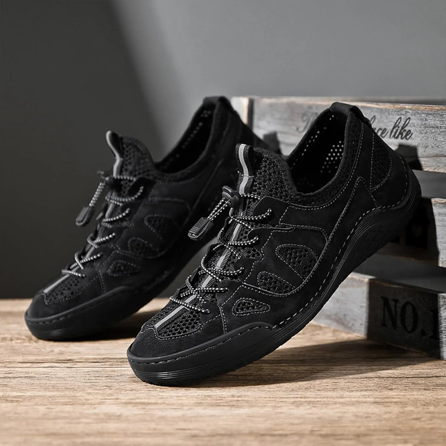 Men's Mesh Slip-On Breathable Summer Loafers Round Toe Low Top Hand Stitching Lace Up Non Slip Walking Sneakers Soft Sole Outdoor Lightweight Athletic Workout Work Shoes