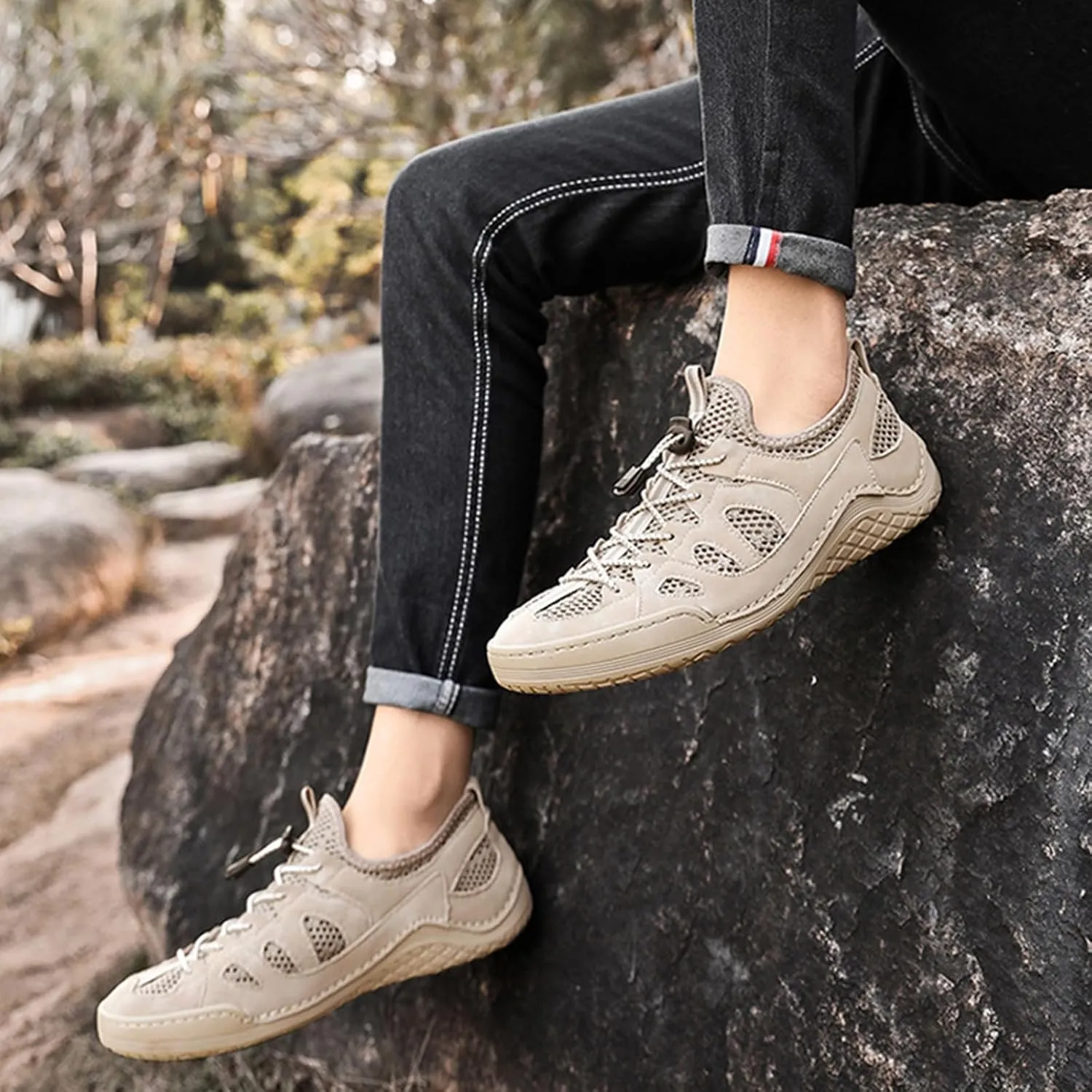 Men's Mesh Slip-On Breathable Summer Loafers Round Toe Low Top Hand Stitching Lace Up Non Slip Walking Sneakers Soft Sole Outdoor Lightweight Athletic Workout Work Shoes