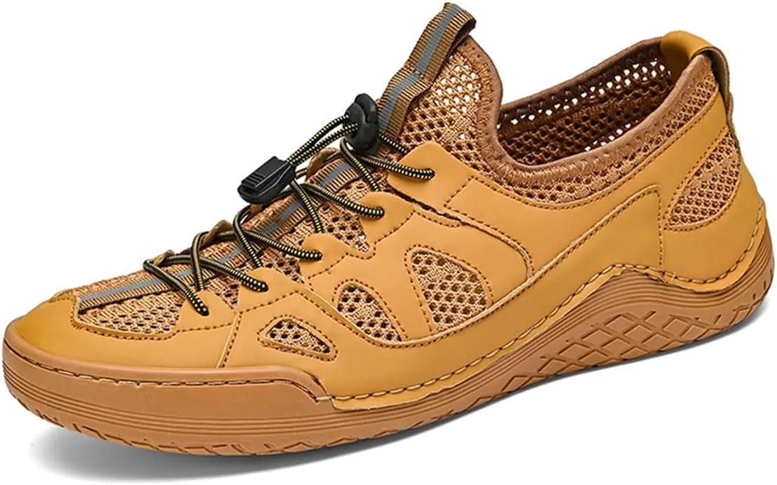 Men's Mesh Slip-On Breathable Summer Loafers Round Toe Low Top Hand Stitching Lace Up Non Slip Walking Sneakers Soft Sole Outdoor Lightweight Athletic Workout Work Shoes