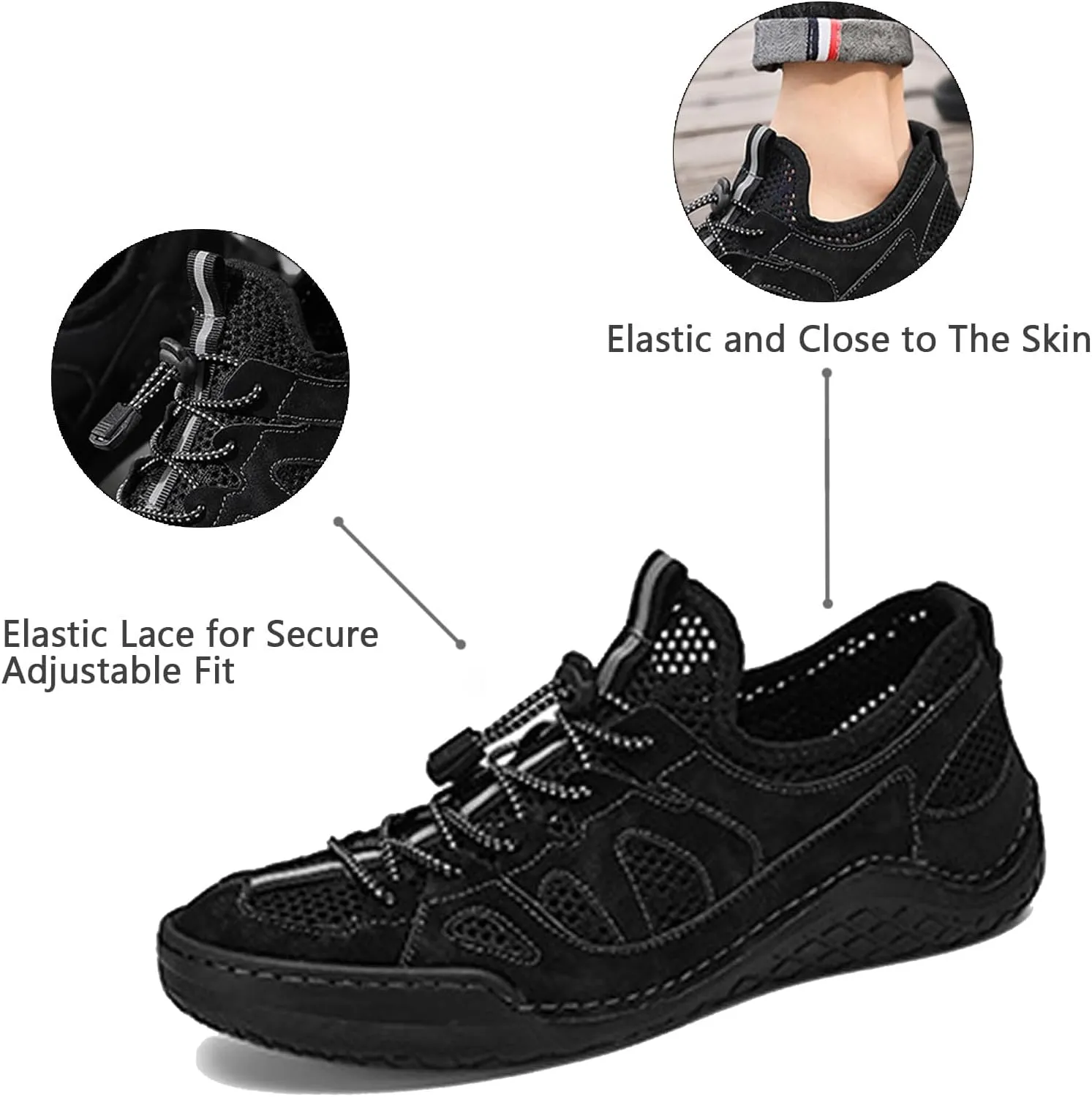 Men's Mesh Slip-On Breathable Summer Loafers Round Toe Low Top Hand Stitching Lace Up Non Slip Walking Sneakers Soft Sole Outdoor Lightweight Athletic Workout Work Shoes