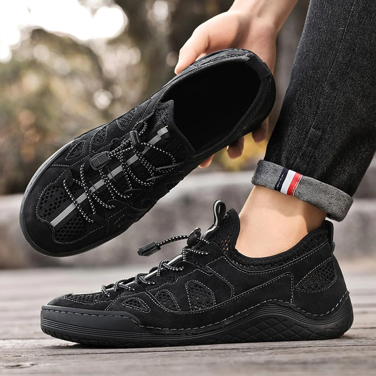 Men's Mesh Slip-On Breathable Summer Loafers Round Toe Low Top Hand Stitching Lace Up Non Slip Walking Sneakers Soft Sole Outdoor Lightweight Athletic Workout Work Shoes