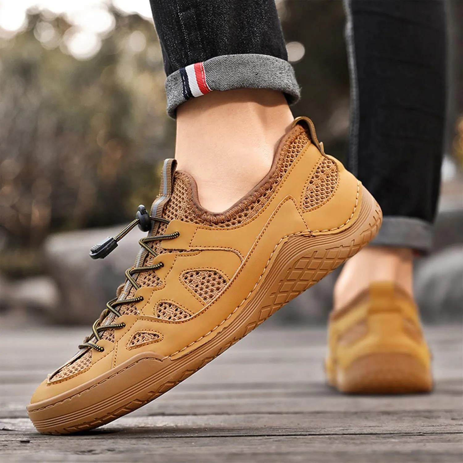 Men's Mesh Slip-On Breathable Summer Loafers Round Toe Low Top Hand Stitching Lace Up Non Slip Walking Sneakers Soft Sole Outdoor Lightweight Athletic Workout Work Shoes