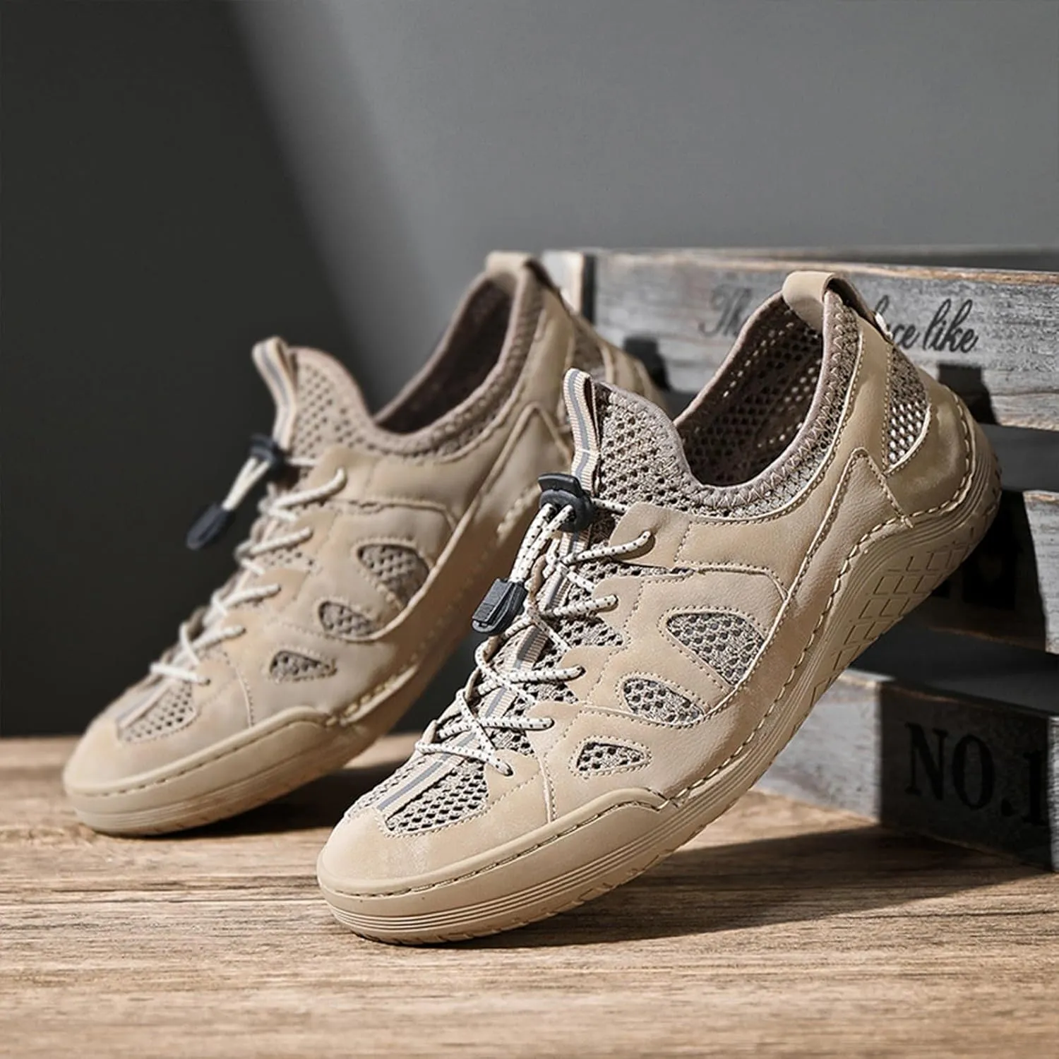 Men's Mesh Slip-On Breathable Summer Loafers Round Toe Low Top Hand Stitching Lace Up Non Slip Walking Sneakers Soft Sole Outdoor Lightweight Athletic Workout Work Shoes