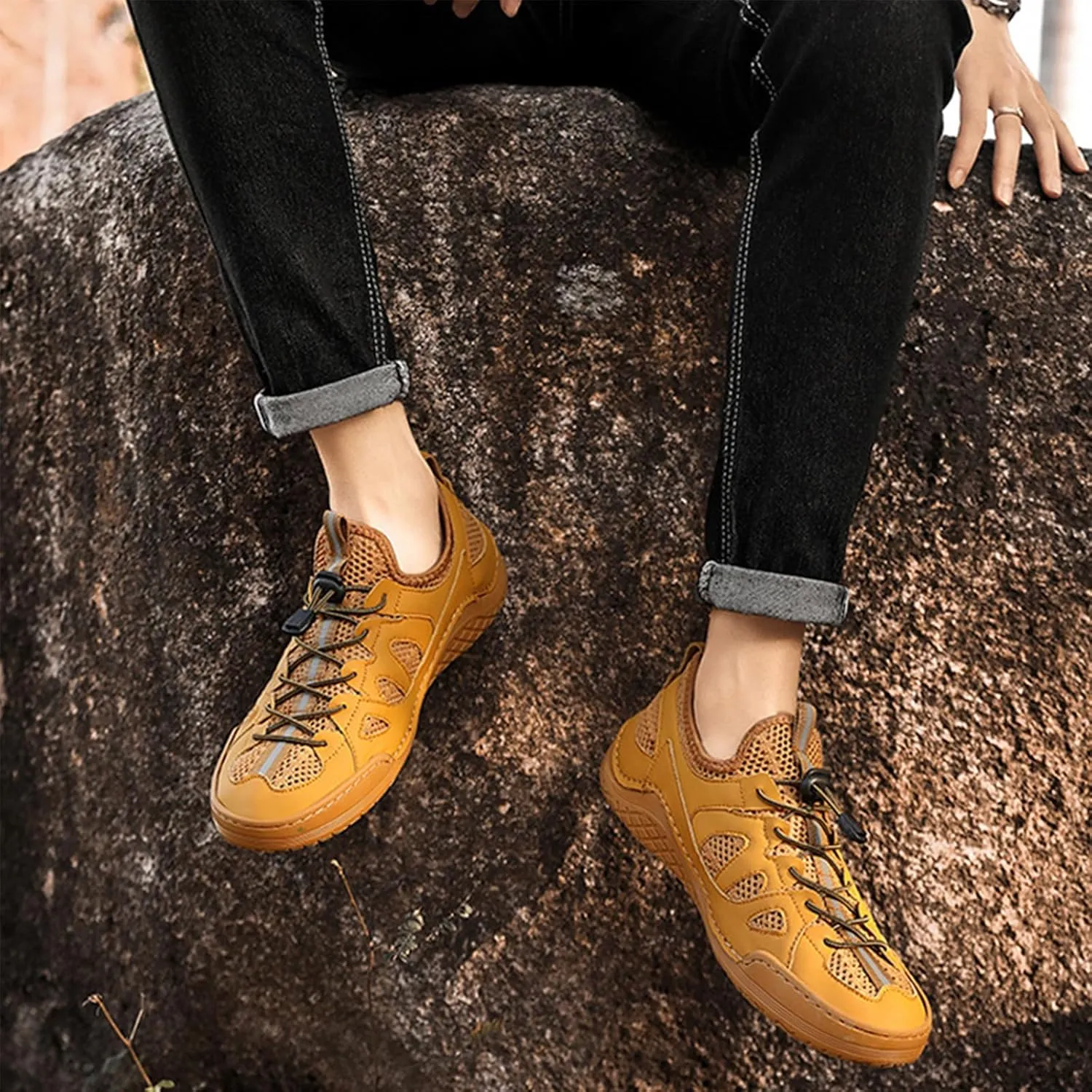 Men's Mesh Slip-On Breathable Summer Loafers Round Toe Low Top Hand Stitching Lace Up Non Slip Walking Sneakers Soft Sole Outdoor Lightweight Athletic Workout Work Shoes