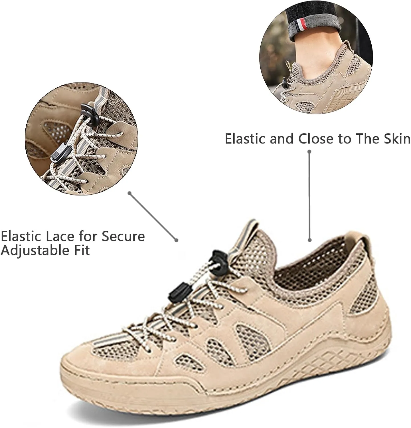 Men's Mesh Slip-On Breathable Summer Loafers Round Toe Low Top Hand Stitching Lace Up Non Slip Walking Sneakers Soft Sole Outdoor Lightweight Athletic Workout Work Shoes