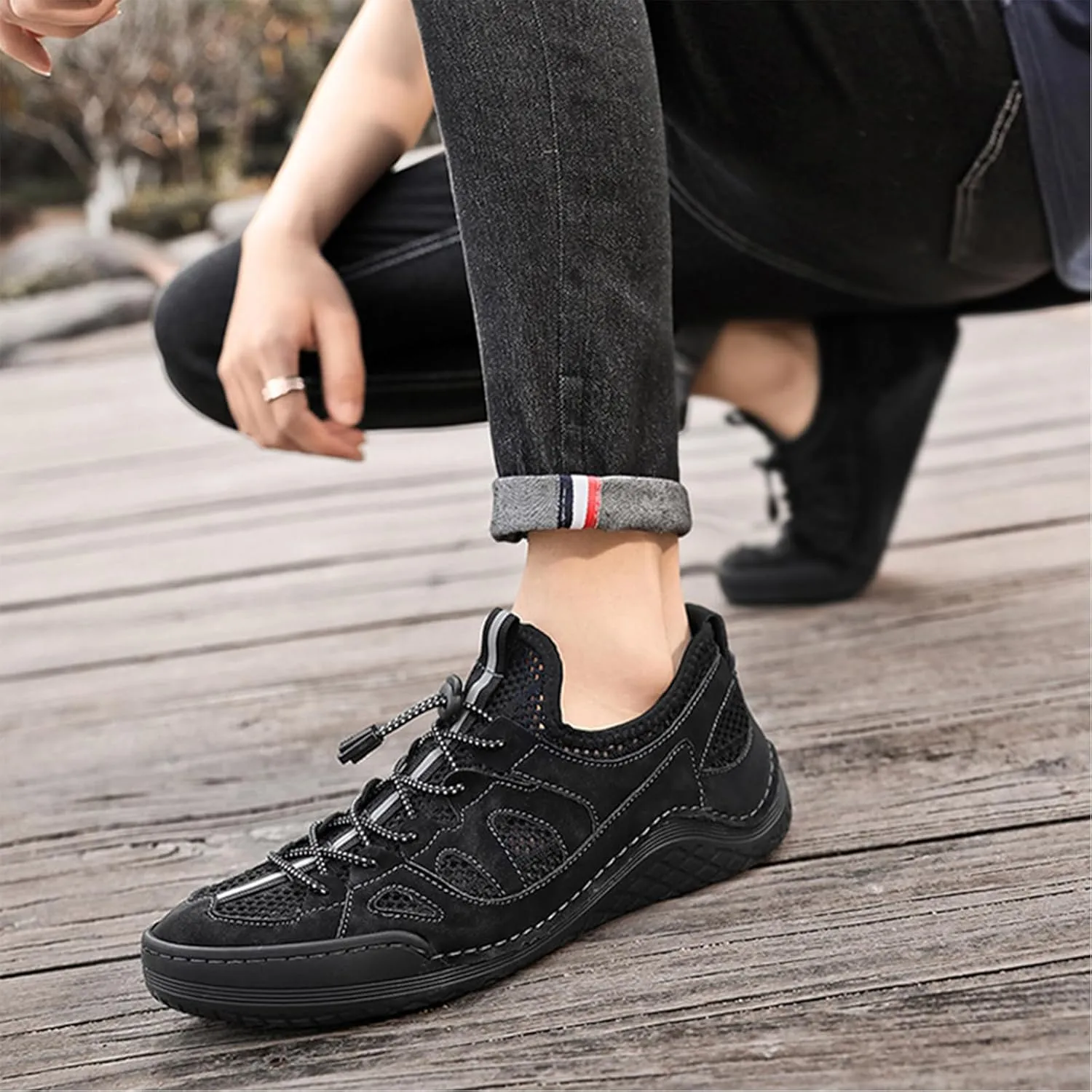 Men's Mesh Slip-On Breathable Summer Loafers Round Toe Low Top Hand Stitching Lace Up Non Slip Walking Sneakers Soft Sole Outdoor Lightweight Athletic Workout Work Shoes