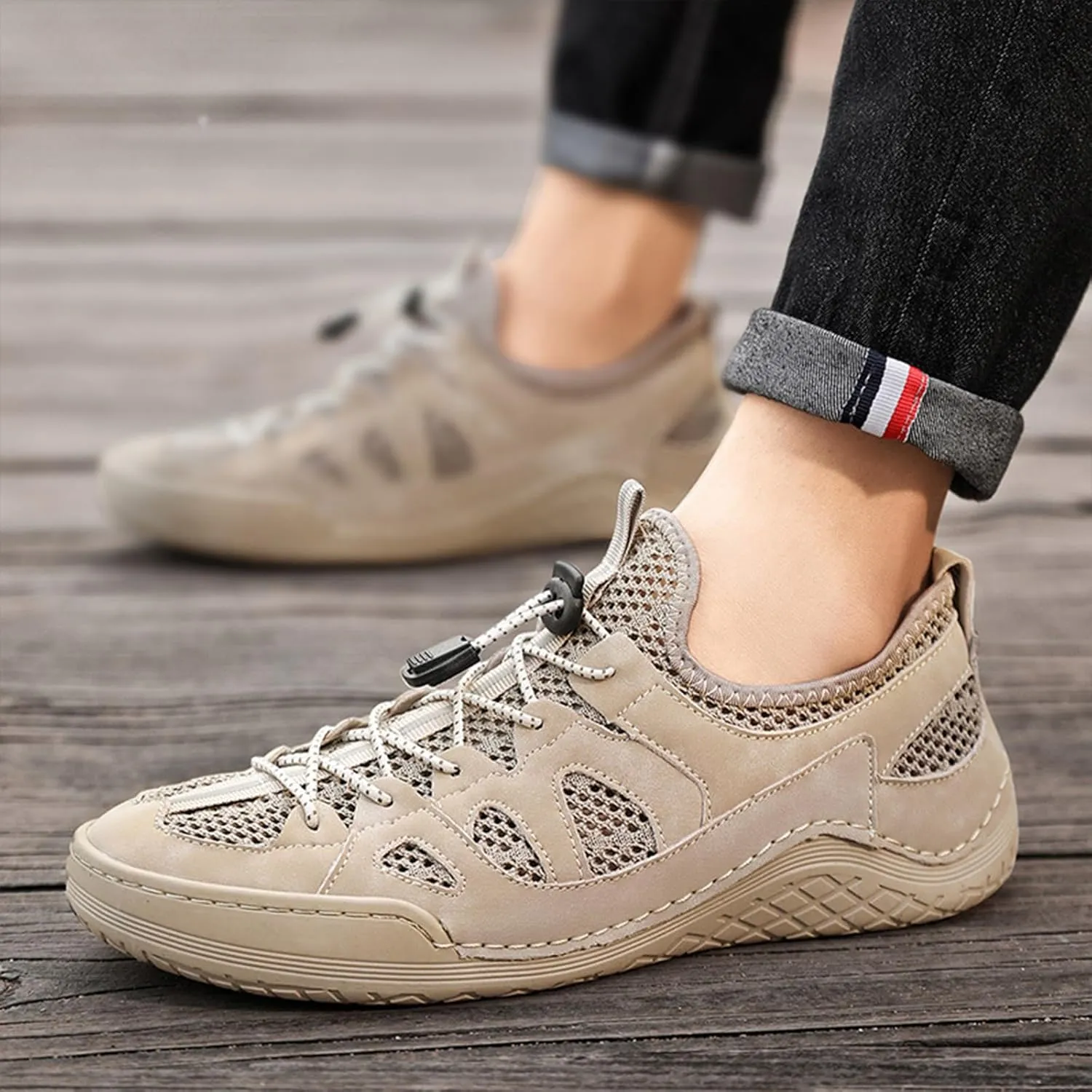 Men's Mesh Slip-On Breathable Summer Loafers Round Toe Low Top Hand Stitching Lace Up Non Slip Walking Sneakers Soft Sole Outdoor Lightweight Athletic Workout Work Shoes