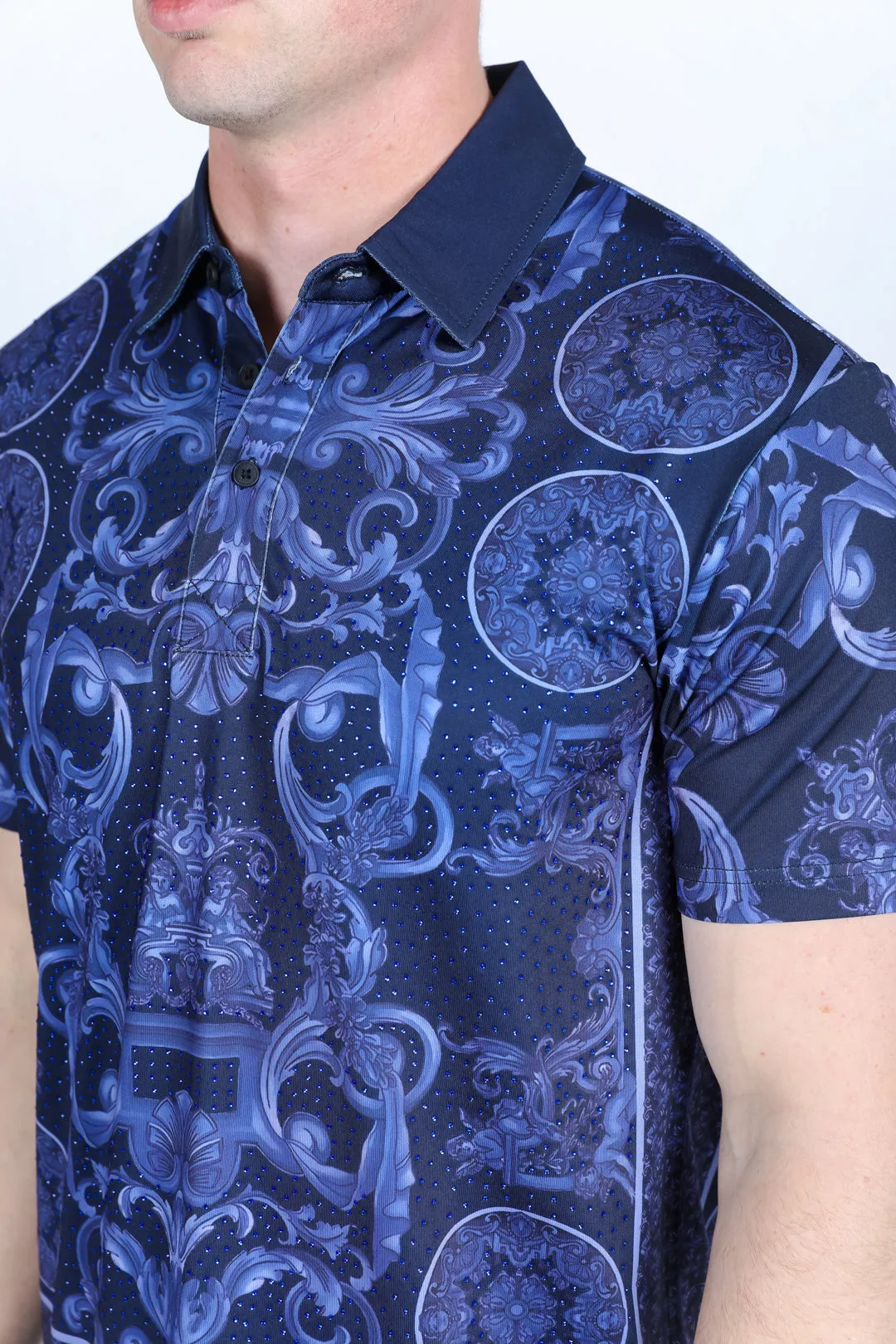 Mens Modern Fit Stretch Baroque Print Polo with Rhinestones from Platini Fashion