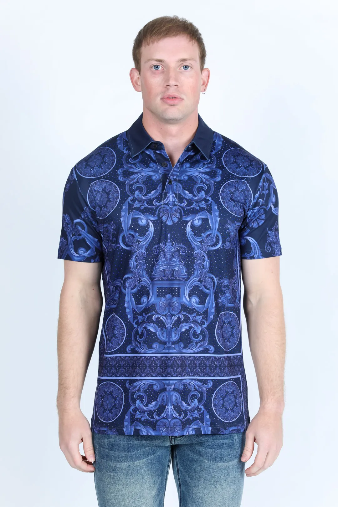 Mens Modern Fit Stretch Baroque Print Polo with Rhinestones from Platini Fashion