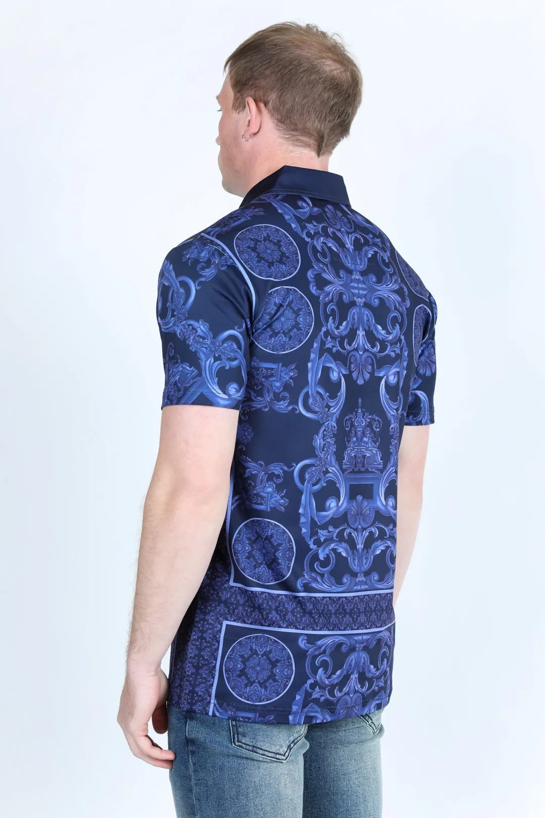 Mens Modern Fit Stretch Baroque Print Polo with Rhinestones from Platini Fashion