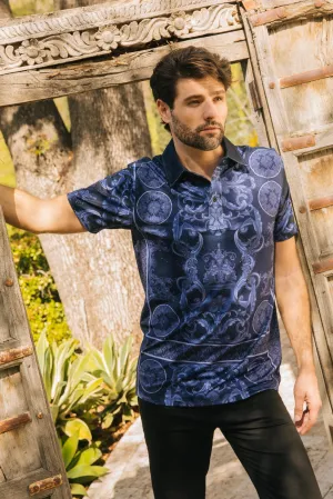 Mens Modern Fit Stretch Baroque Print Polo with Rhinestones from Platini Fashion