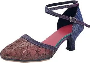 Mesh Sandals For Womens Latin Dance Shoes Heeled Ballroom Tango Sequin Slide