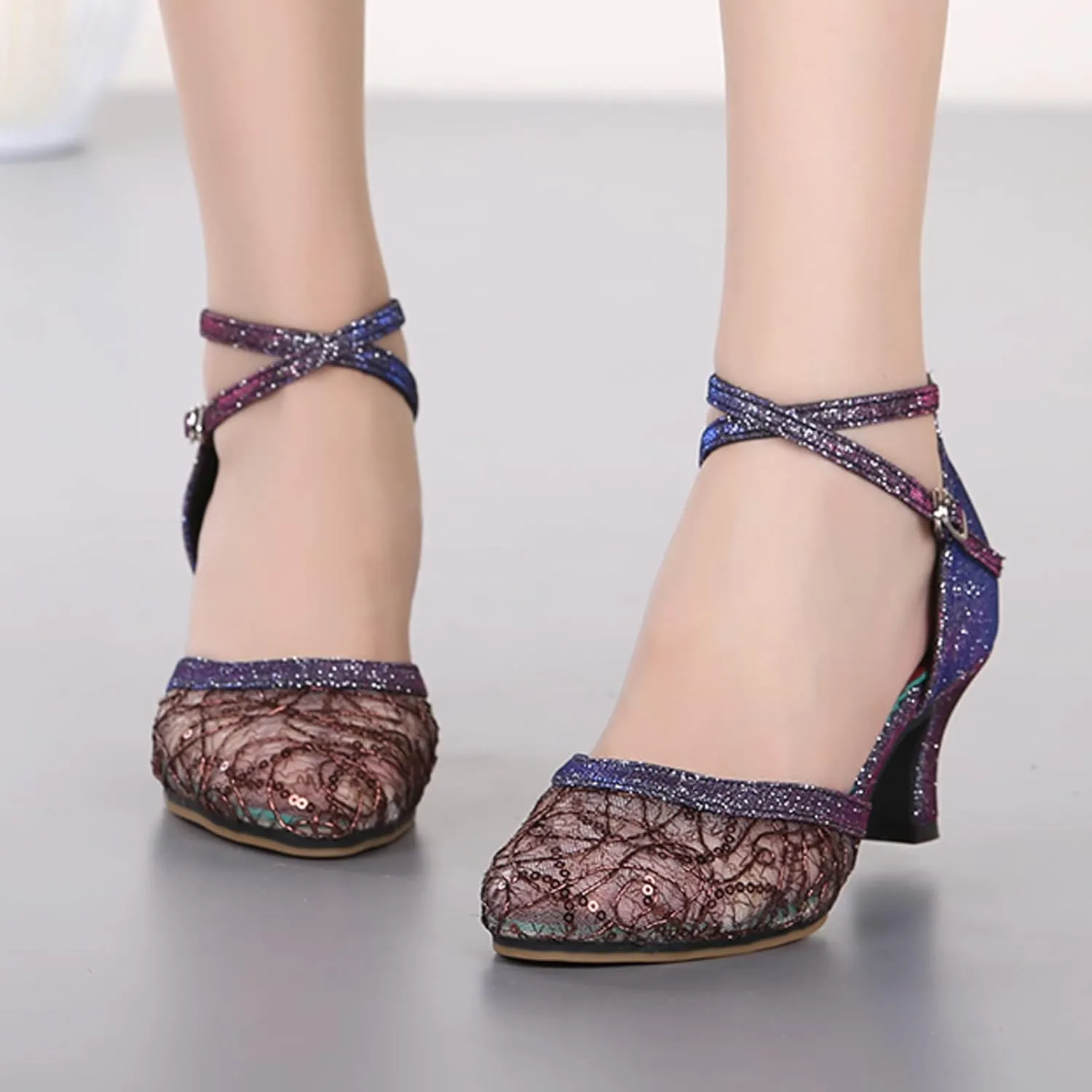 Mesh Sandals For Womens Latin Dance Shoes Heeled Ballroom Tango Sequin Slide