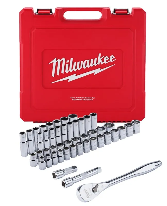 Milwaukee 48-22-9010 Ratchet and Socket Set, Alloy Steel, Specifications: 1/2 in Drive Size, SAE, Metric Measurement :SET: QUANTITY: 1