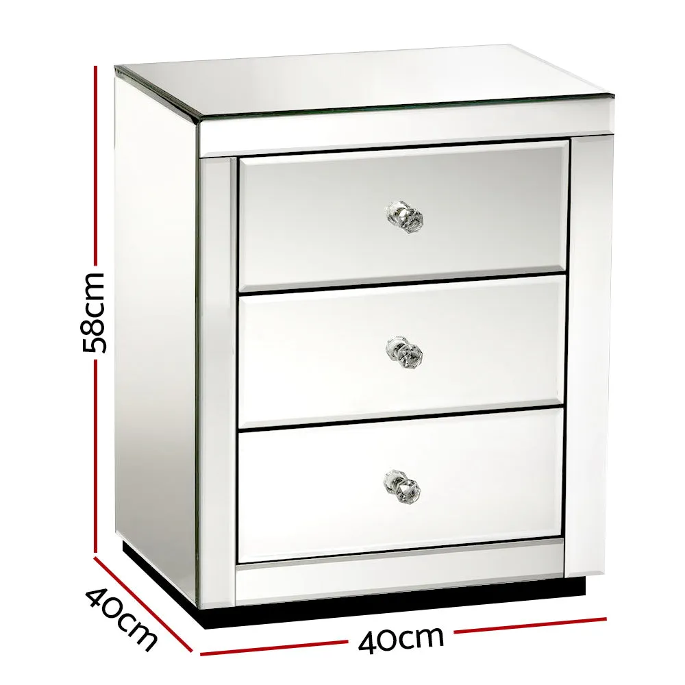 Mirrored Bedside Tables Set of 2, 3 Drawers, Crystal Knobs - Artiss