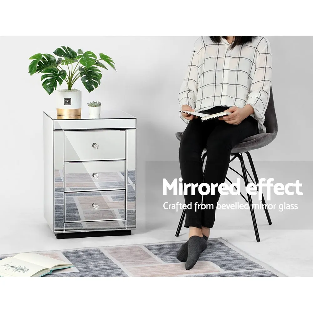 Mirrored Bedside Tables Set of 2, 3 Drawers, Crystal Knobs - Artiss