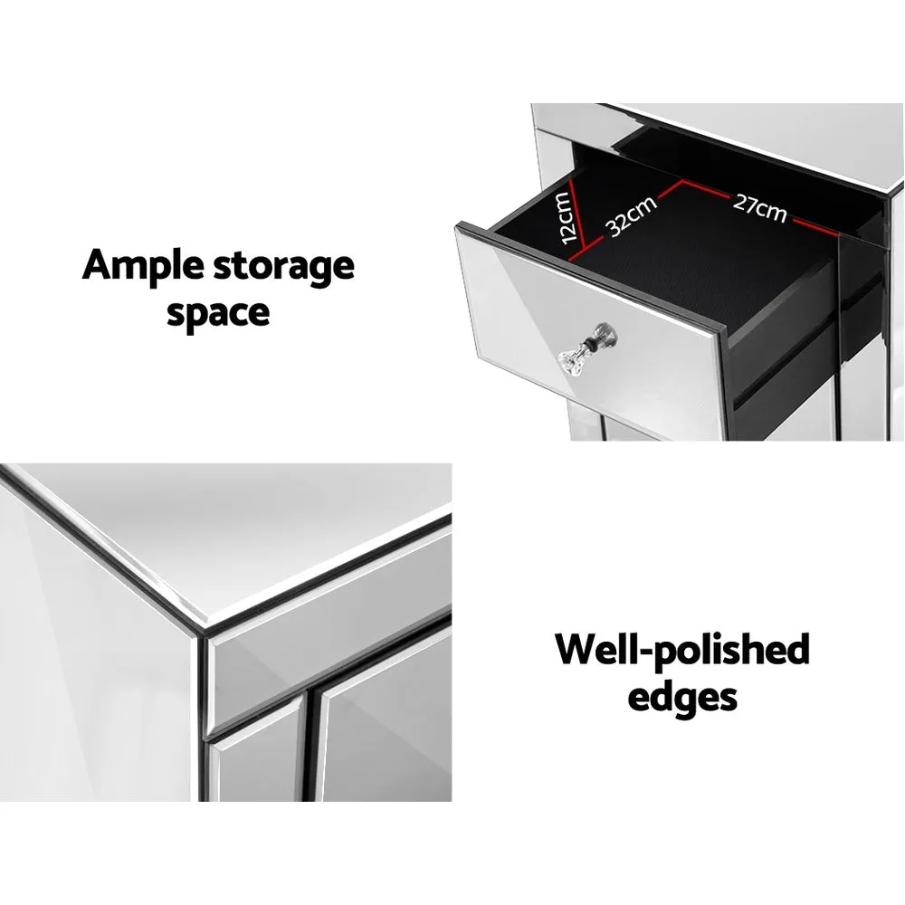 Mirrored Bedside Tables Set of 2, 3 Drawers, Crystal Knobs - Artiss