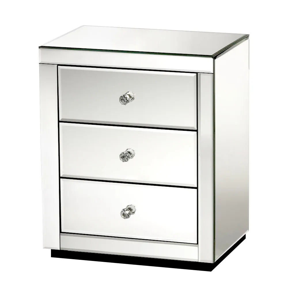 Mirrored Bedside Tables Set of 2, 3 Drawers, Crystal Knobs - Artiss