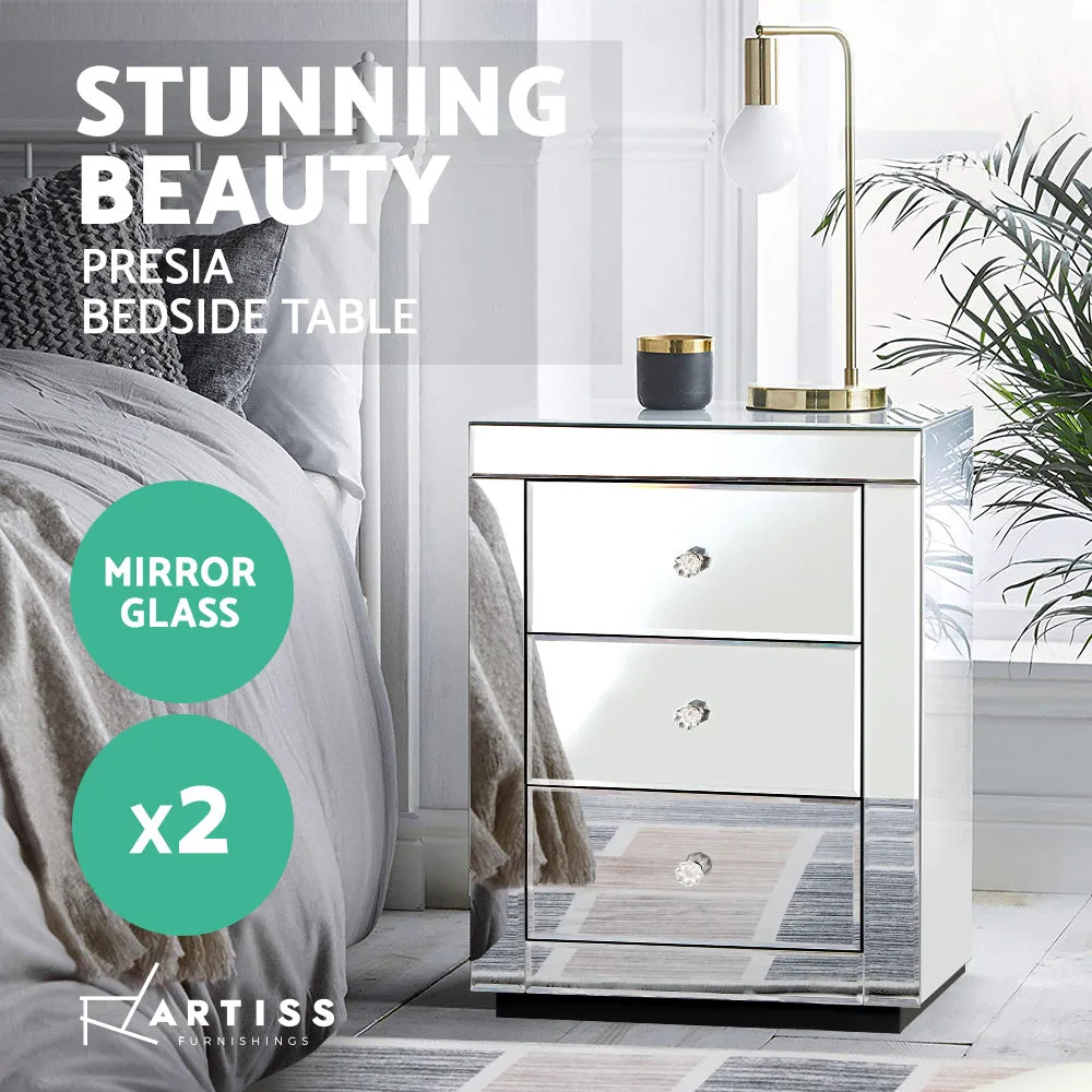 Mirrored Bedside Tables Set of 2, 3 Drawers, Crystal Knobs - Artiss