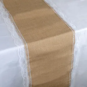 Natural Lace Edge Faux Burlap Jute Table Runner ( 14 inch x 108 inches )