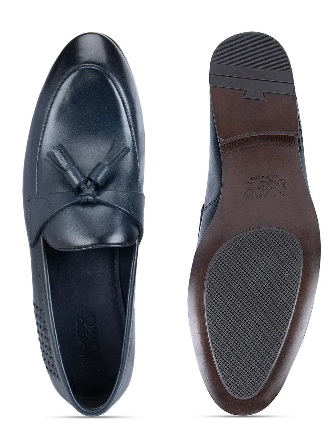 Navy Leather Loafers With Tassels