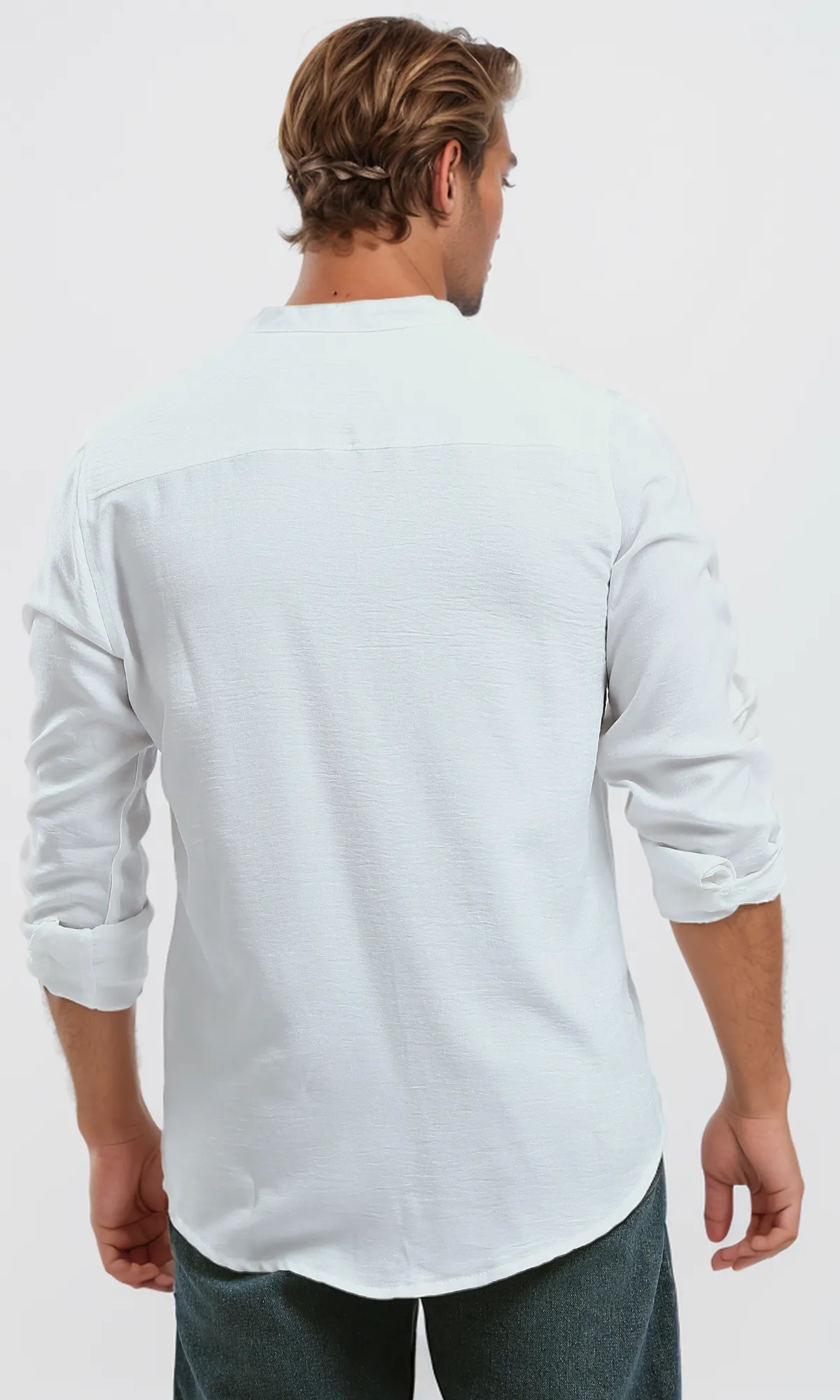 O191186 White Textured Shirt With Mandarin Collar
