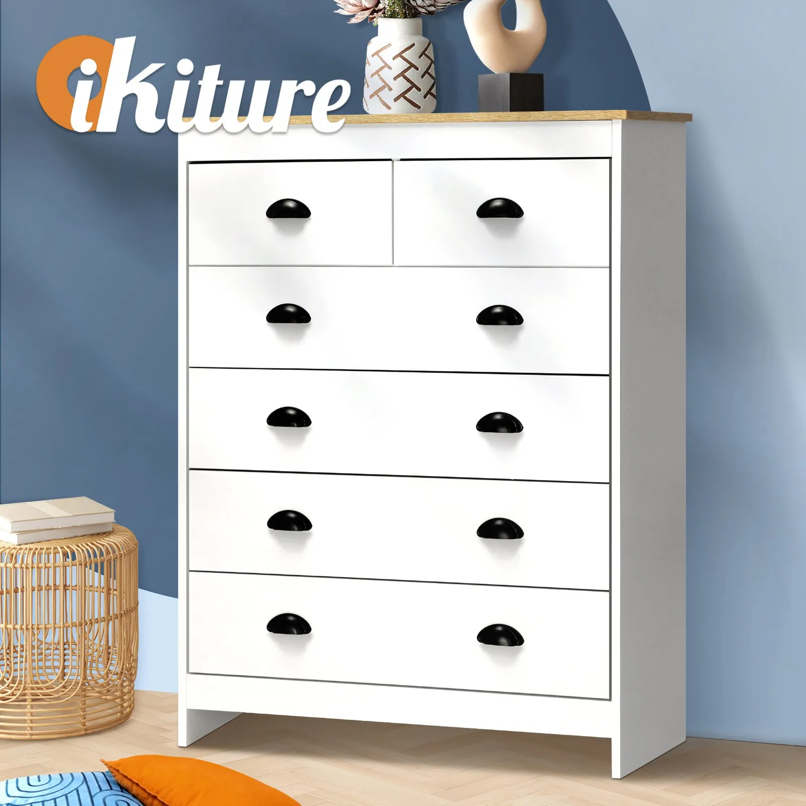 Oikiture Tallboy 6 Chest of Drawers Dresser Table Storage Cabinet Bedroom White