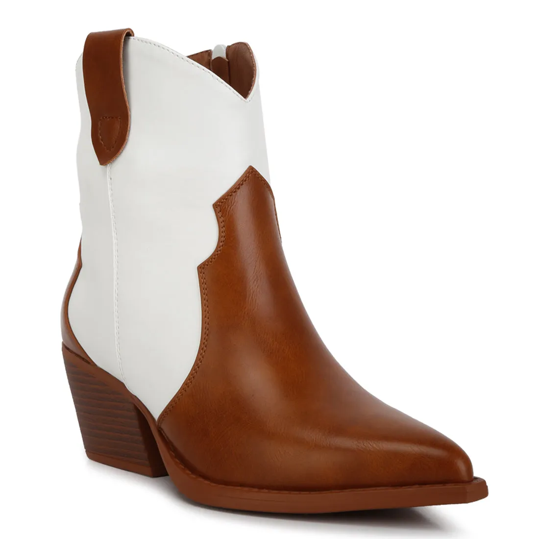 Patchwork Detail Low Stacked Block Heel Boots