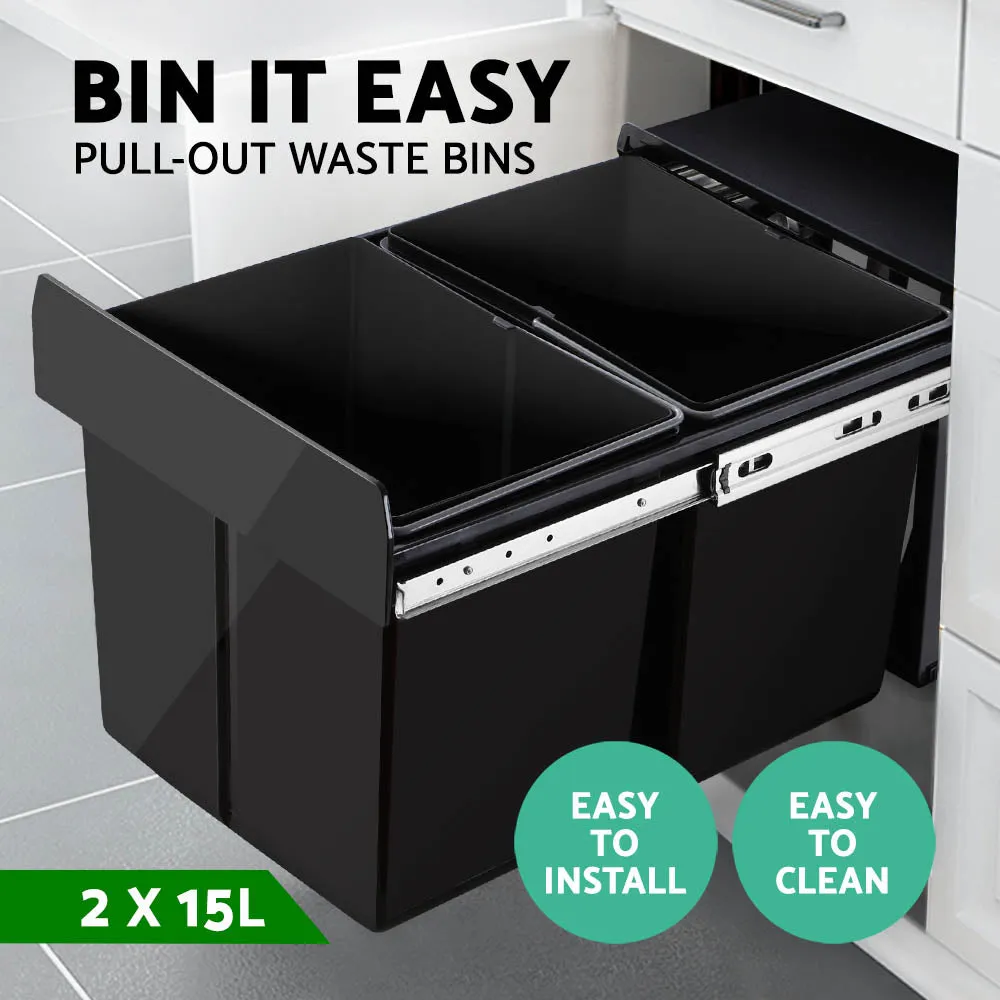 Pull Out Bin Kitchen Double Basket 2X15L Black