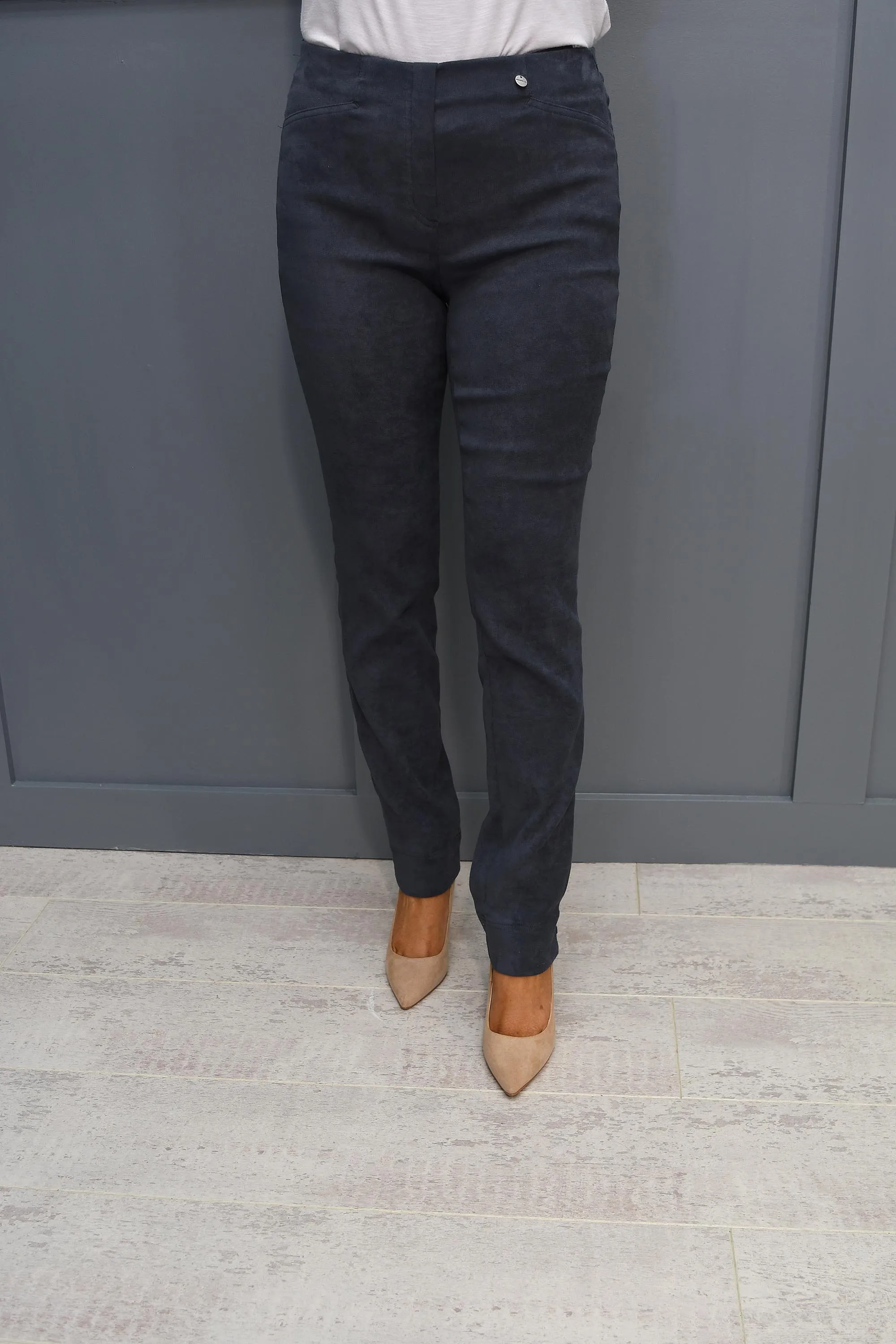 Robell Rose Slim Fit Slate Grey Faux Suede Trousers - 51673 54451 95